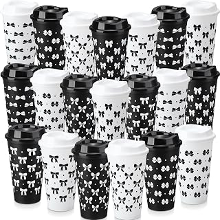 20 Pcs Coquette Black Bow Plastic Cups with Straw and Lid 16 oz Reusable Black and White Bow Plastic Tumblers Coquette Party Favors for Engagement Wedding Baby Shower Birthday Party