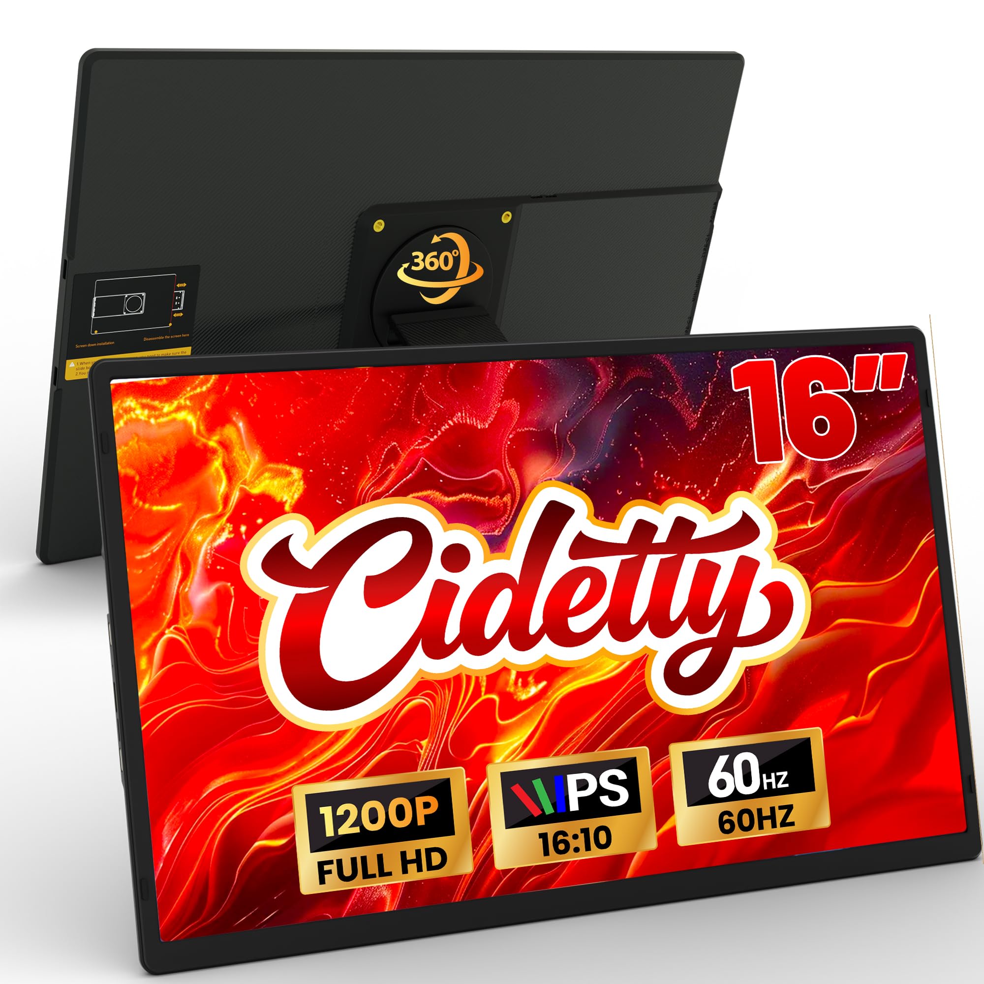 CIDETTY 16" Laptop Screen Extender, 1920x1200 FHD Portable Monitor for Laptop, 360° Magnetic Stand Travel Second Screen for Mac, Windows, Android Phone - 2