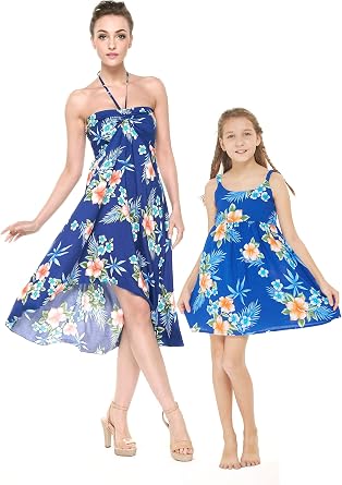 Matching Hawaiian Luau Mother Daughter Halter and Elastic Dress in Simply Blue Leaves