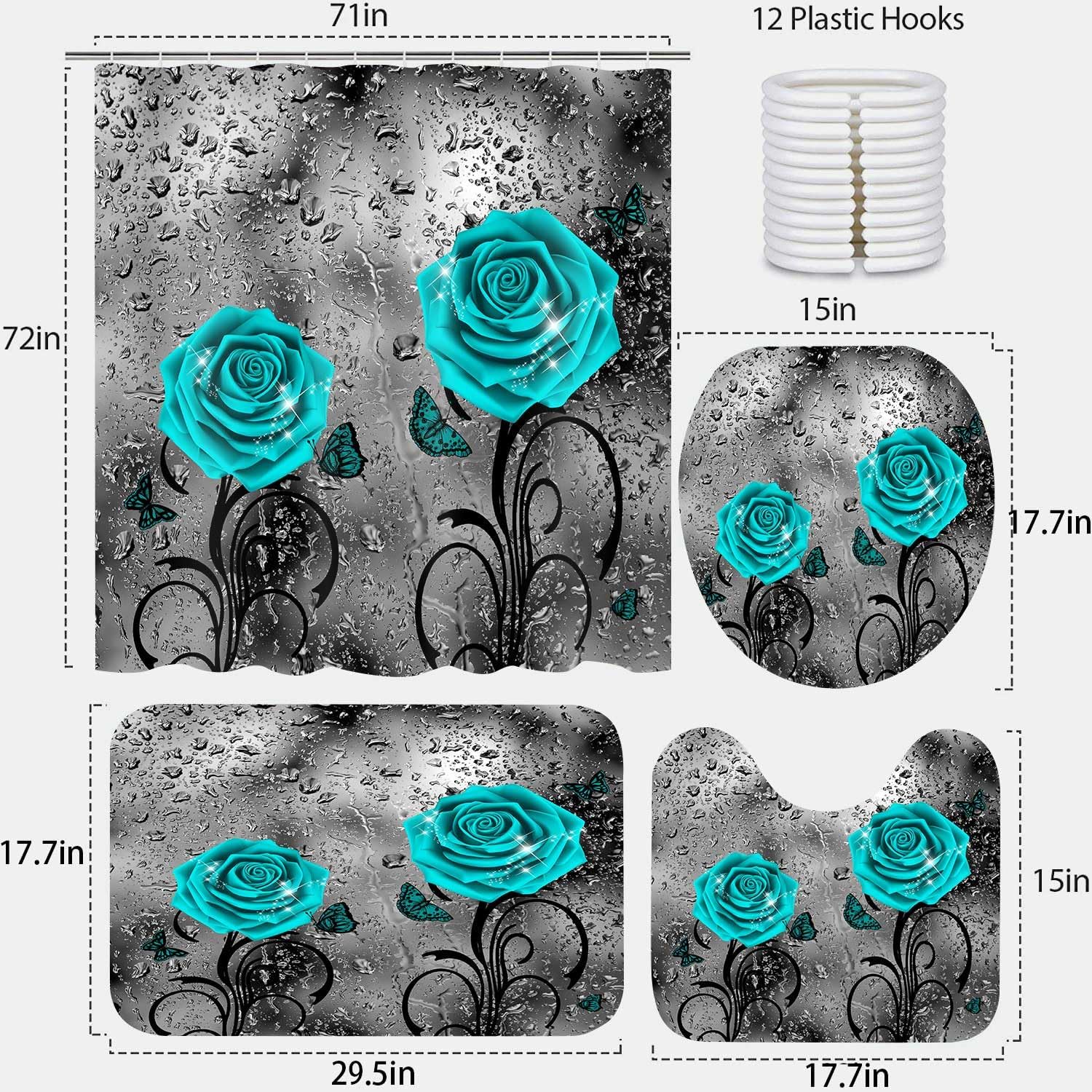 4PCS Romantic Teal Blue Rose Shower Curtain，Bathroom Set with Rugs, Toilet Lid Cover and Bath Mat, Turquoise Floral Raindrops Gray Art Bathroom Set Decor Curtains with 12 Hooks, 72 x 72 Inch