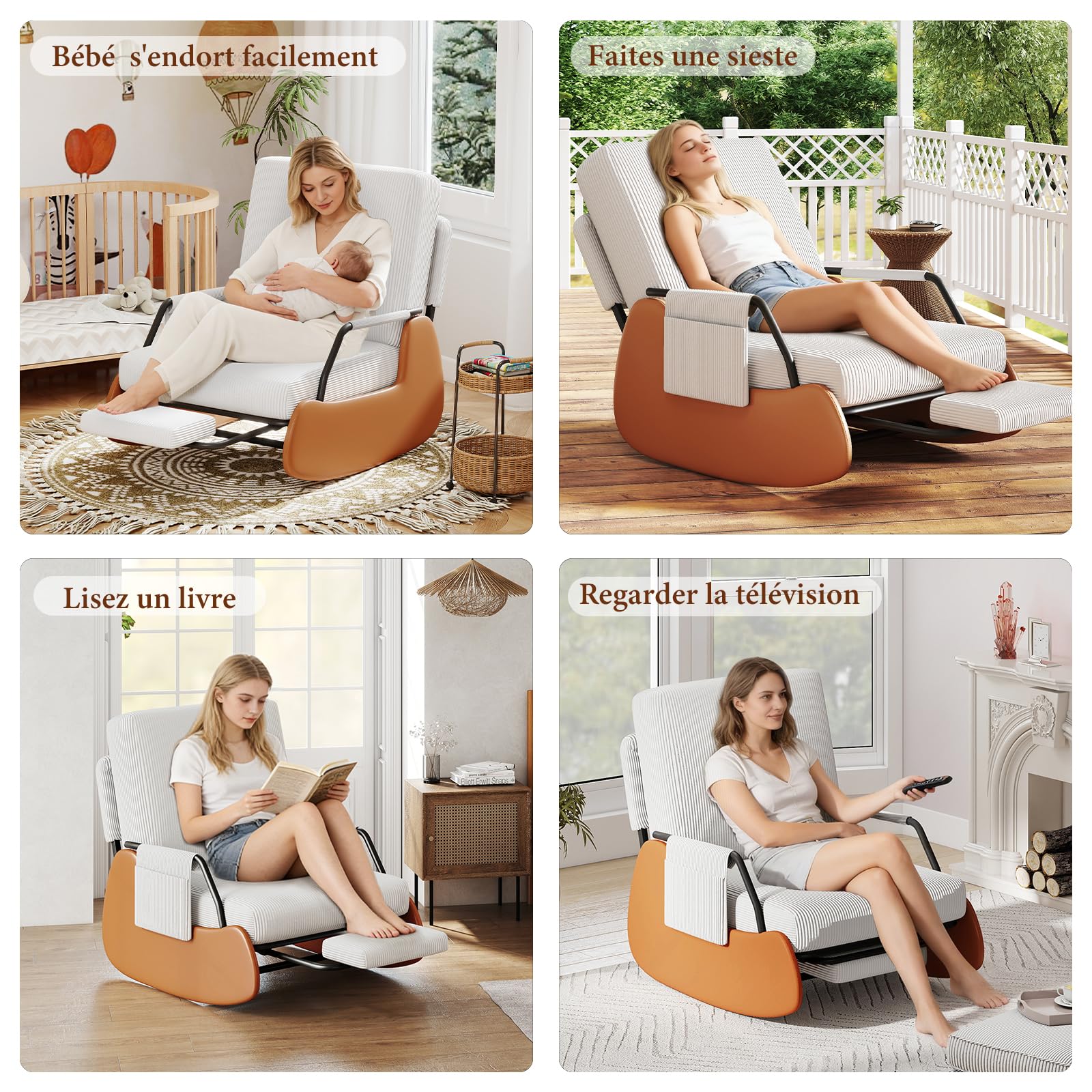 Fauteuil à Bascule avec Repose-Pieds, Fauteuil Allaitement avec Poches Latérales, Rocking Chair Inclinable Rembourré avec Dossier Réglable pour Salon et Chambre, Blanc