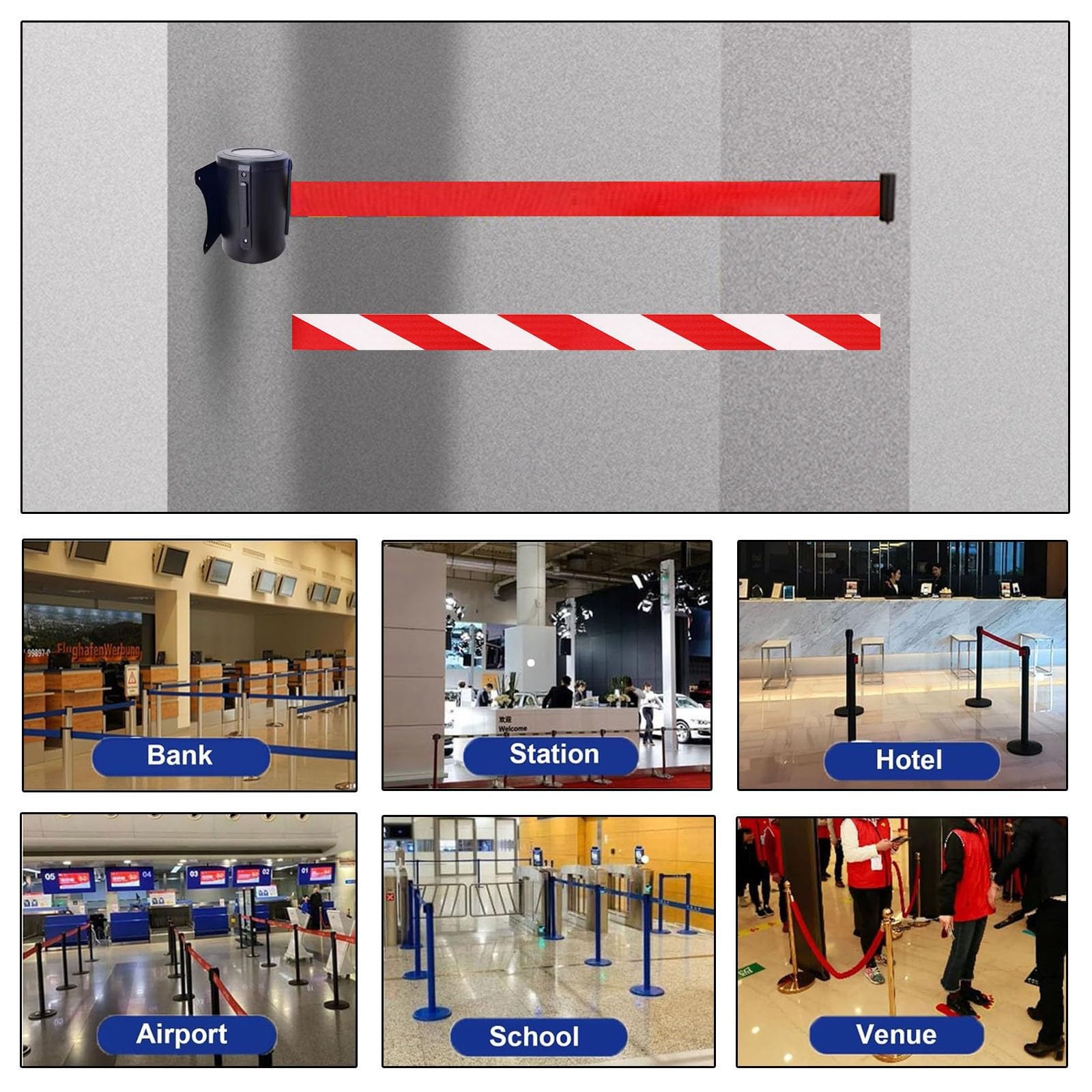 Cinta De Señalización De Seguridad De 10 M (32 Pies) para Montaje En Pared, con Carcasa De Acero Al Carbono Y Accesorios De Montaje para Control De Multitudes Y Gestión De Eventos.