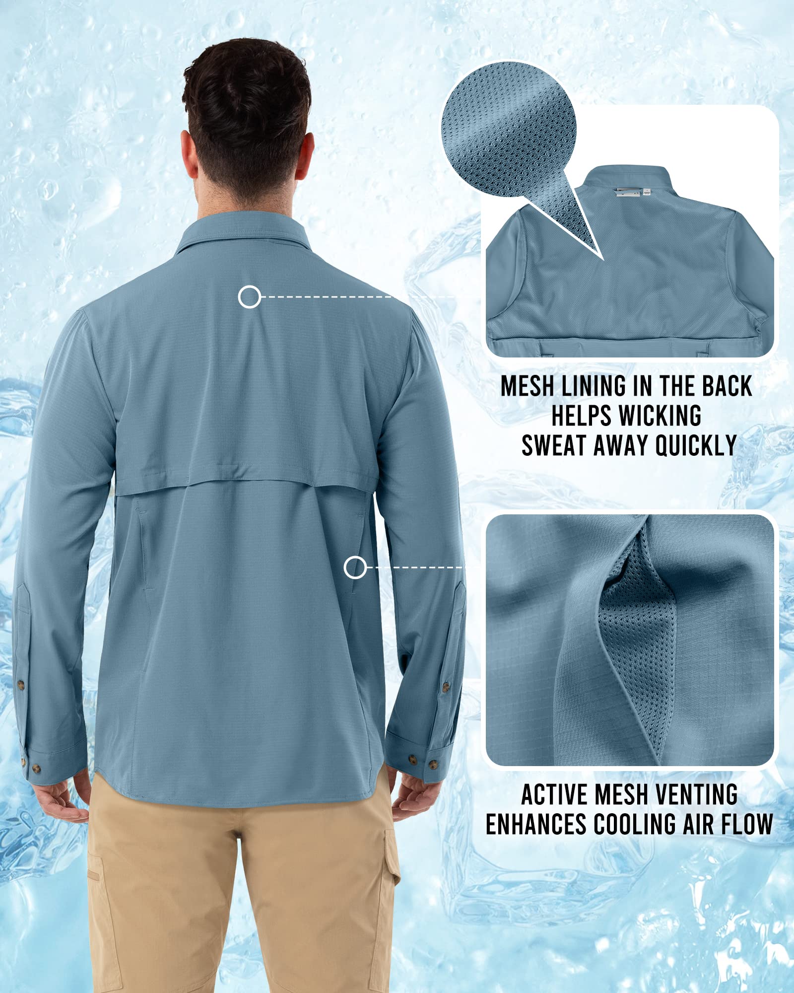 Camisa de manga larga para hombre, camisa de manga larga, de secado rápido, ligera, transpirable, protección UV 50+, con bolsillos, camisa de trabajo para pesca, correr, senderismo, camping