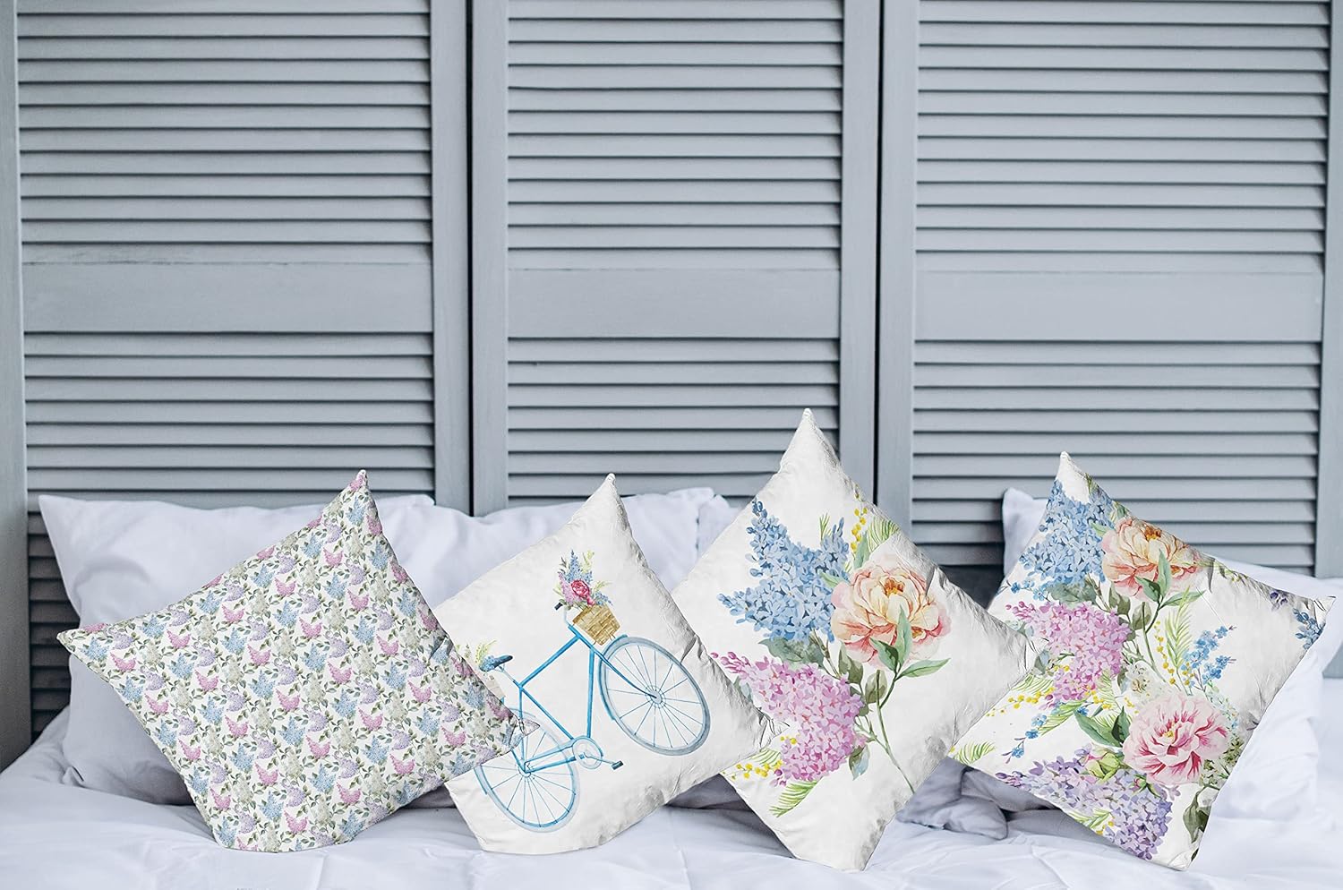 Ambesonne Vintage Throw Pillow Cushion Case Pack of 4, Romantic Style Nostalgic Flower Bouquets in Soft Pastel Tones and Bicycle Print, Modern Accent Double-Sided Digital Printing, 16", Pink Blue