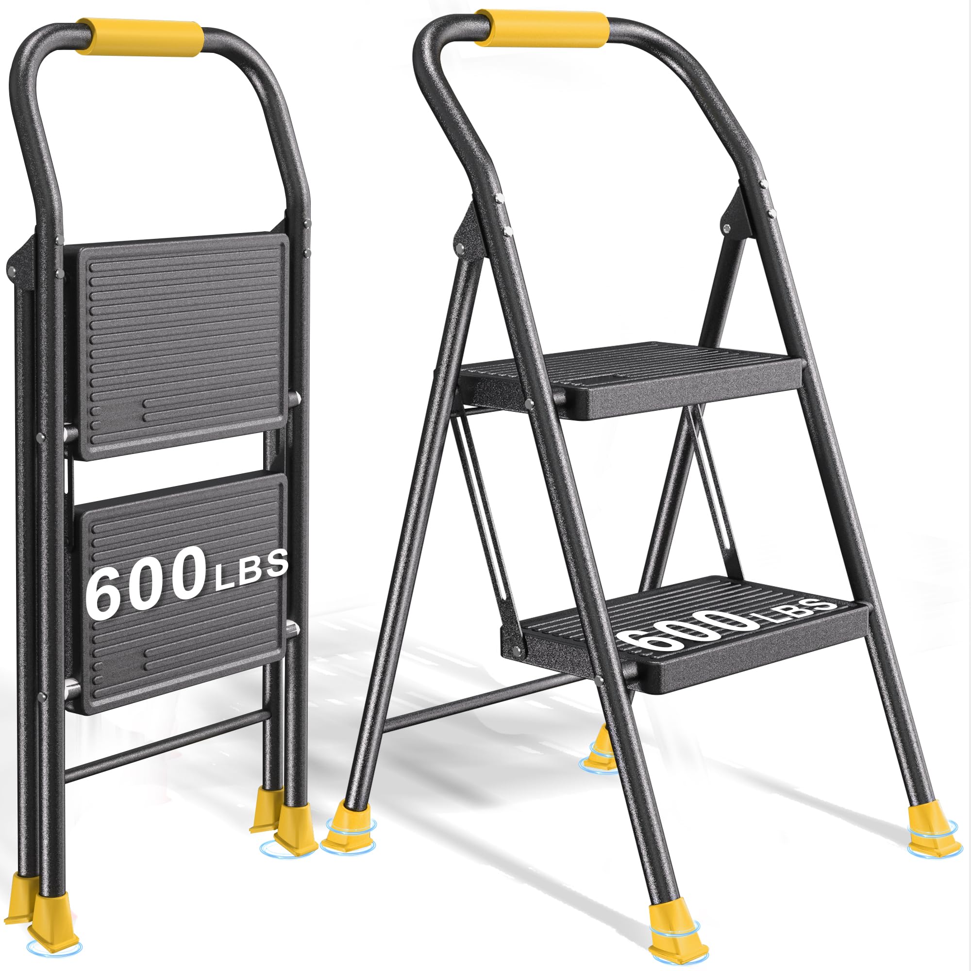 Foldable 2 Step Step Ladder with Handrails for Home Adults, Heavy Duty 600Lbs Extension Tall Stool for Indoor Kitchen Closet
