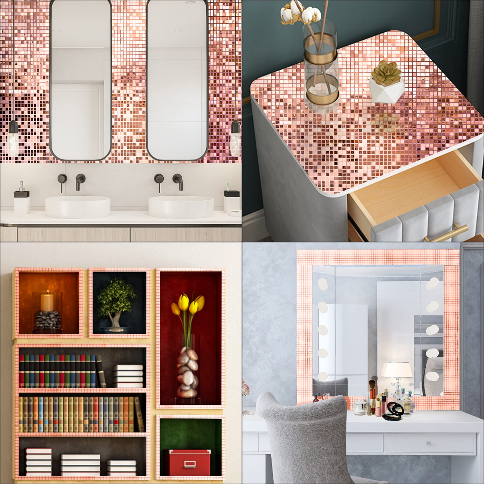 TEHAUX Selbstklebende Mini Glas Spiegel Mosaikfliesen - 2 Rollen Quadratische Aufkleber Für DIY Deko