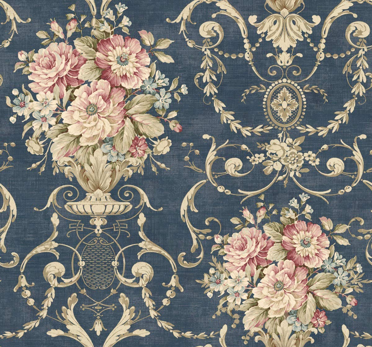 Traditional Floral Vase Wallpaper in Navy Blue TX40002 from Wallquest