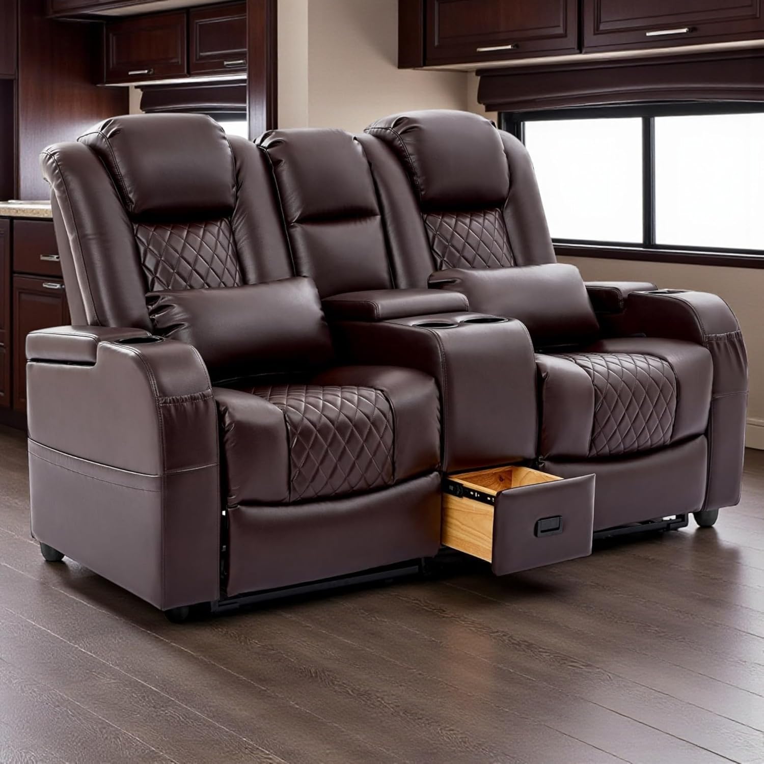 RV Loveseat Recliner, Wall Hugger Recliner Sofa PU Leather with Removable Armrests and Pillows for RVs, Living Rooms, and Home Theaters (Beige, Row of 2)