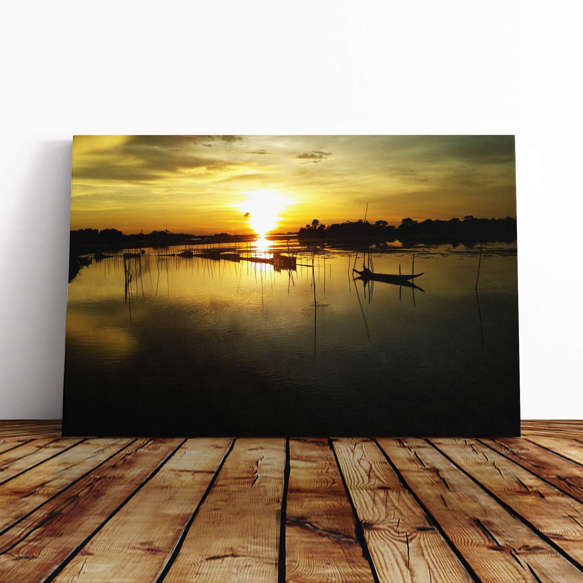 Bangladesh Sunset and Fishing Boats (2) Canvas Print | Gallery Wrapped 30mm Frame Wall Art | 30x20 inches | Ready to Hang | Contemporary Landscape Picture | Living Room Bedroom Lounge Office