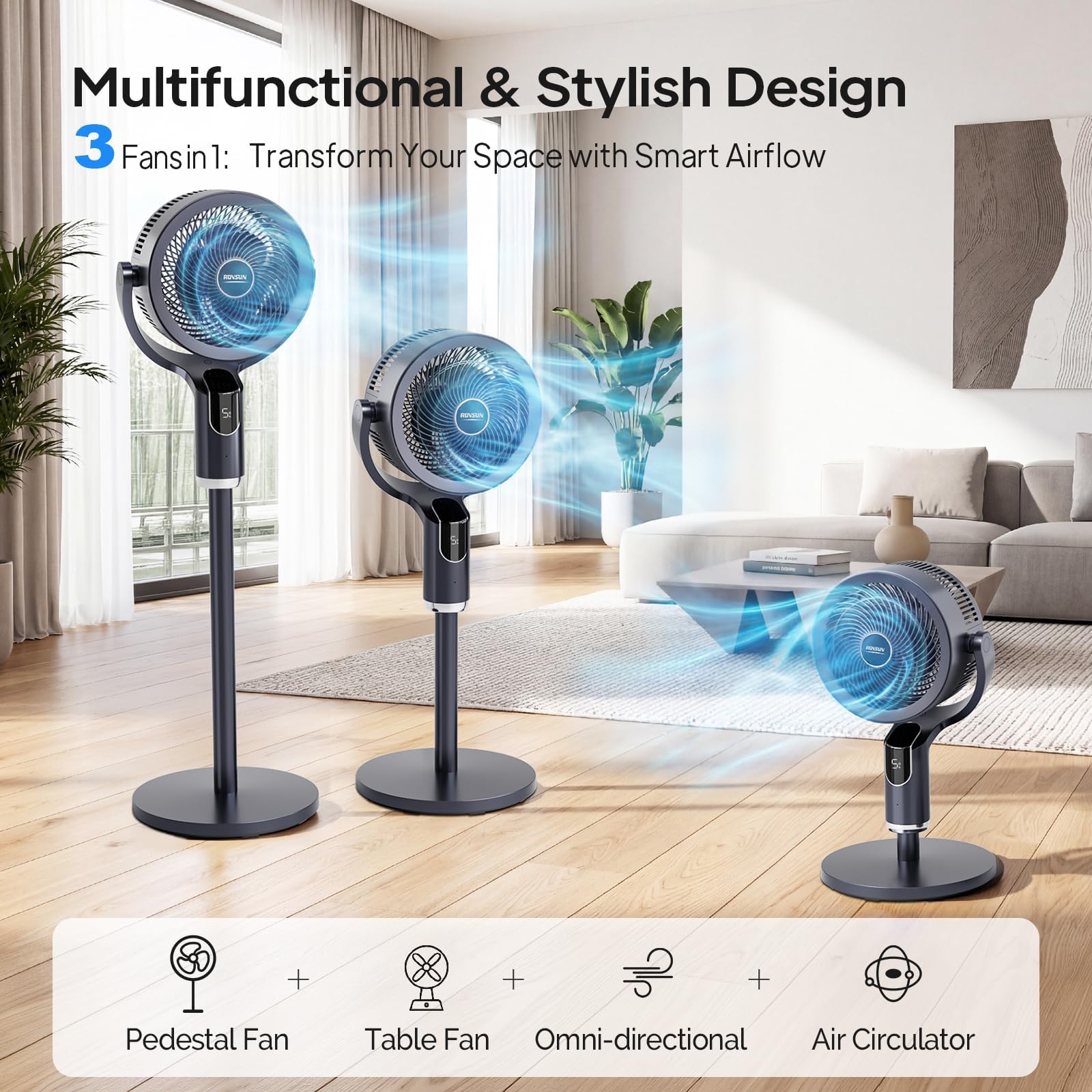 ROVSUN Ventilateur sur Pied Silencieux 3 en 1, Circulateur d’Air Puissant, 8 Vitesses, 3 Modes, Minuterie 9H, Télécommande + Écran Tactile, Oscillation 90° H / 90° V, Hauteur réglable 61-109 cm, Noir