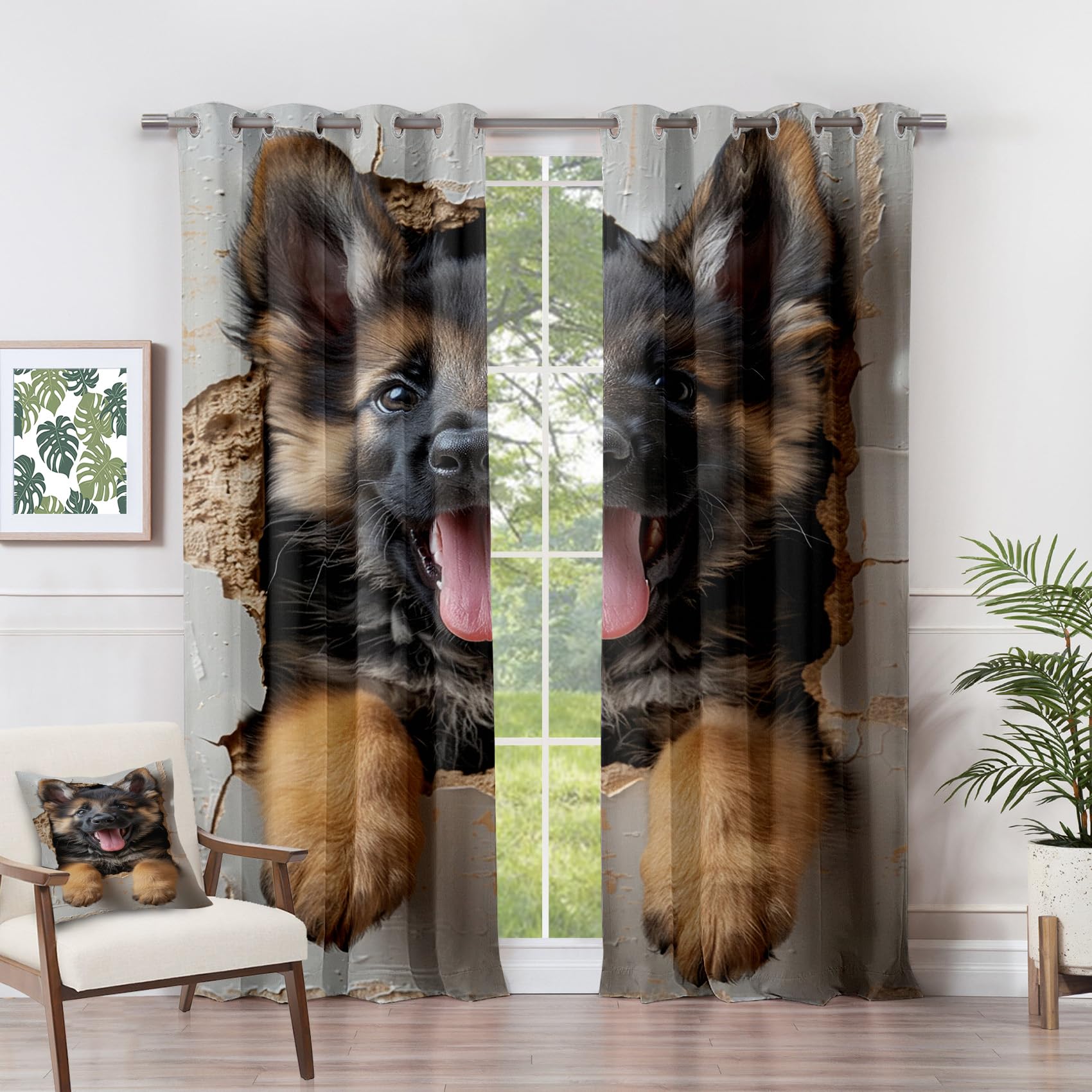 Generisch Vorhänge Deutscher Schäferhund - 3D Lustige Süße Hund Fenster Gardinen mit Ösen, Vorhang Blickdicht Verdunklungsvorhänge Thermovorhang für Wohnzimmer Deko 2er Set, H 160 x B 140 cm C#-312