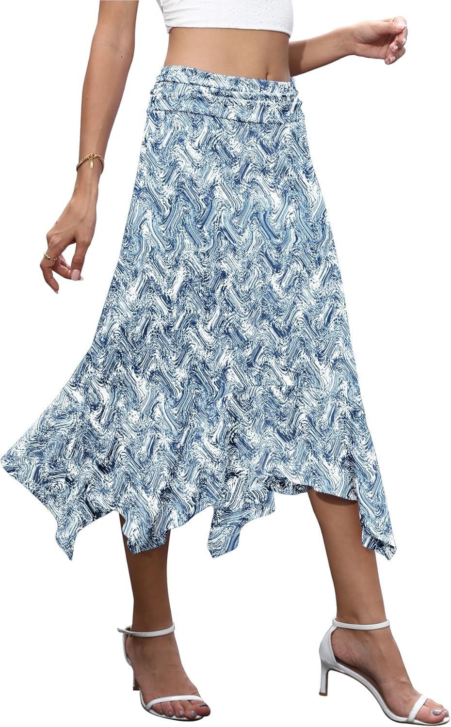 NILOUFO Womens Flowy High Waisted Midi Skirt, Asymmetrical Handkerchief Hem A-Line Summer Skirts Lightweight Pull-On with Elastic Waist (Ripple Blue White, Medium) - Image 3