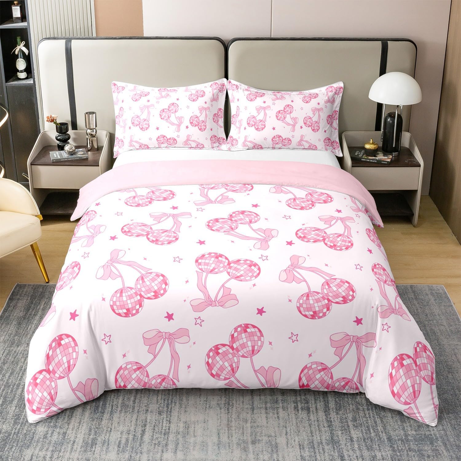 Mirrorball Bowknot Bedding Set Full Cartoon Pink Cherry Bow Princess Style 100% Cotton Duvet Cover for Kids Girls Teens Women Cute Hand Drawn Style Stars Print Quilt Cover,2 Pillowcases(No Comforter)