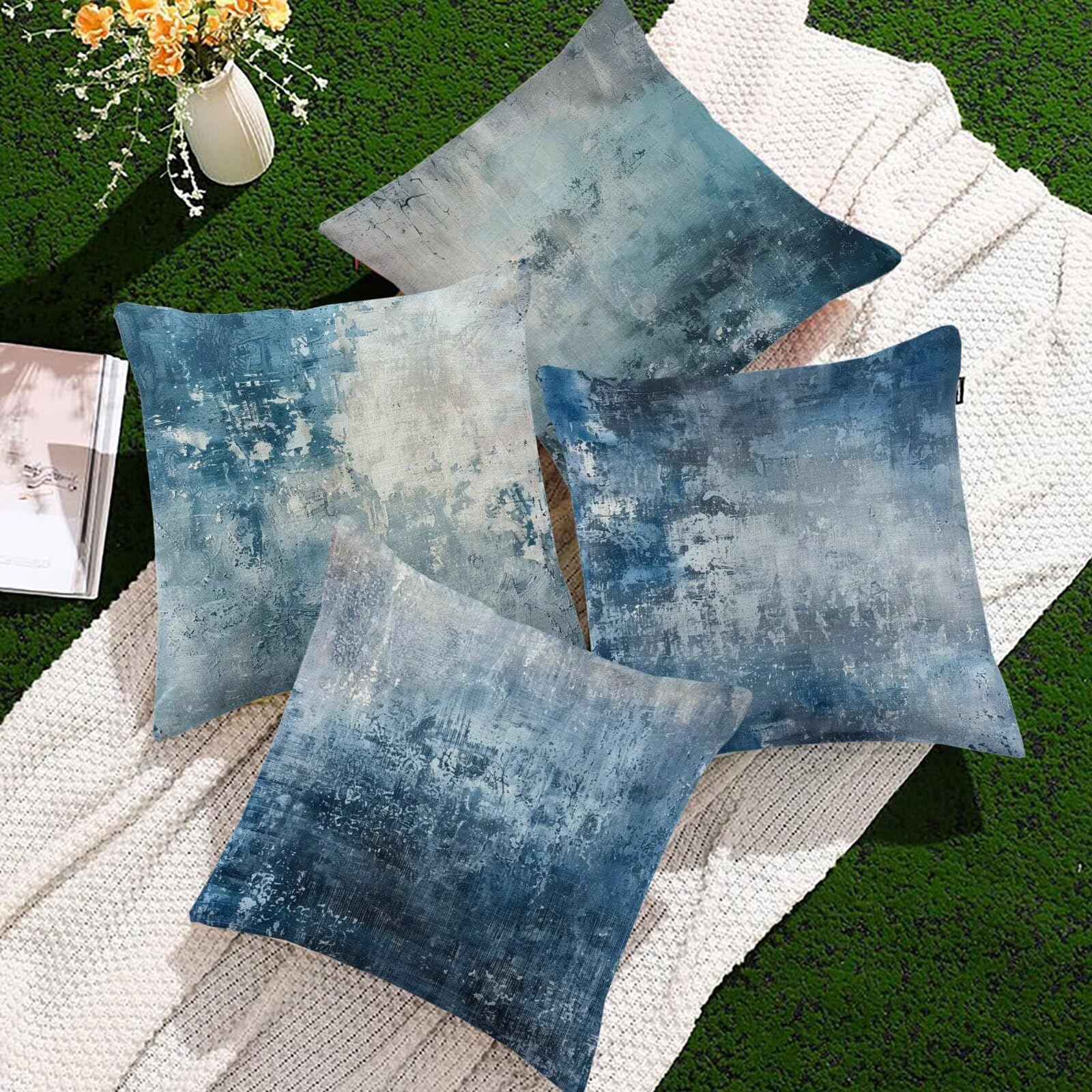 Housse de coussin imperméable bleu 35x35 cm : lot de 4 taies de protection extérieur et jardin