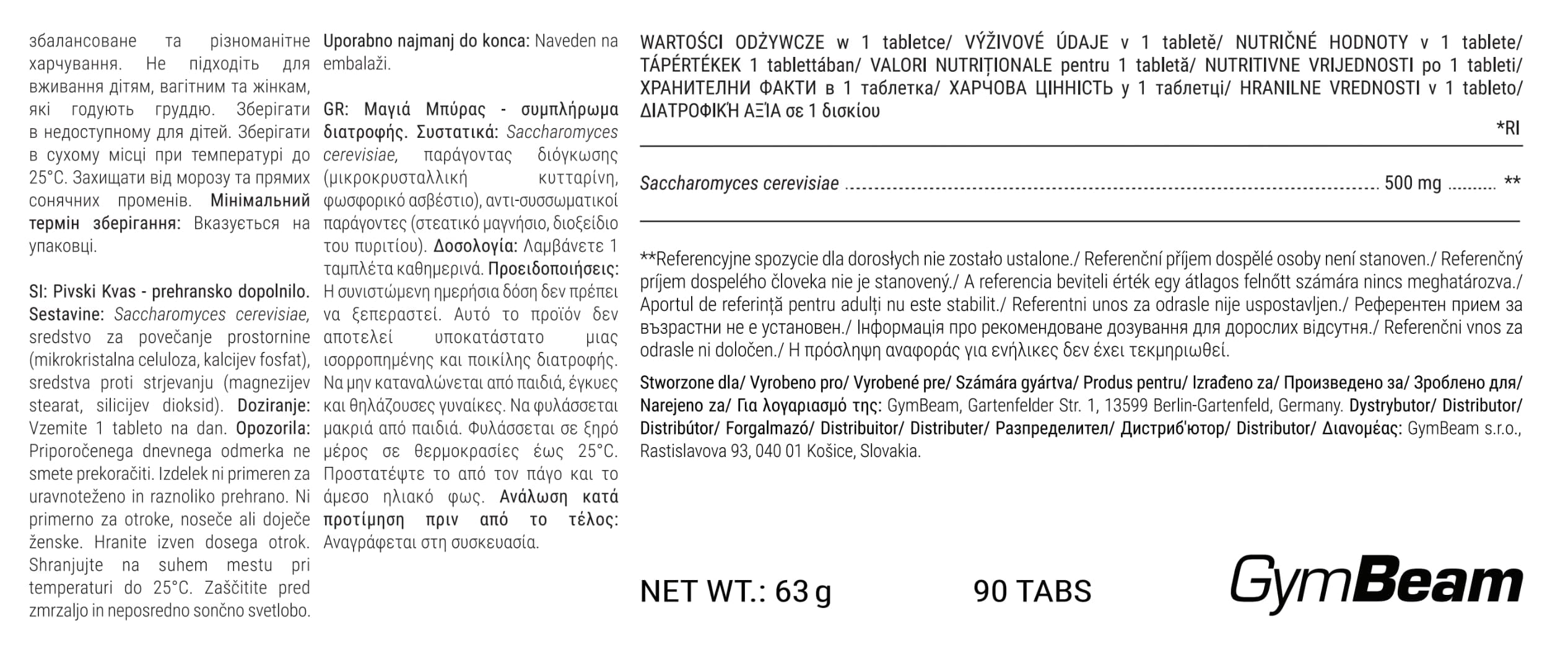 GymBeam Integratore di Lievito Di Birra Compresse - 500 mg Saccharomyces Cerevisiae, Lievito Di Birra Capsule Ricche Di Minerali E Vitamine B, Ideali Per Vegani, Atleti E Problemi Digestivi, 90 cpr