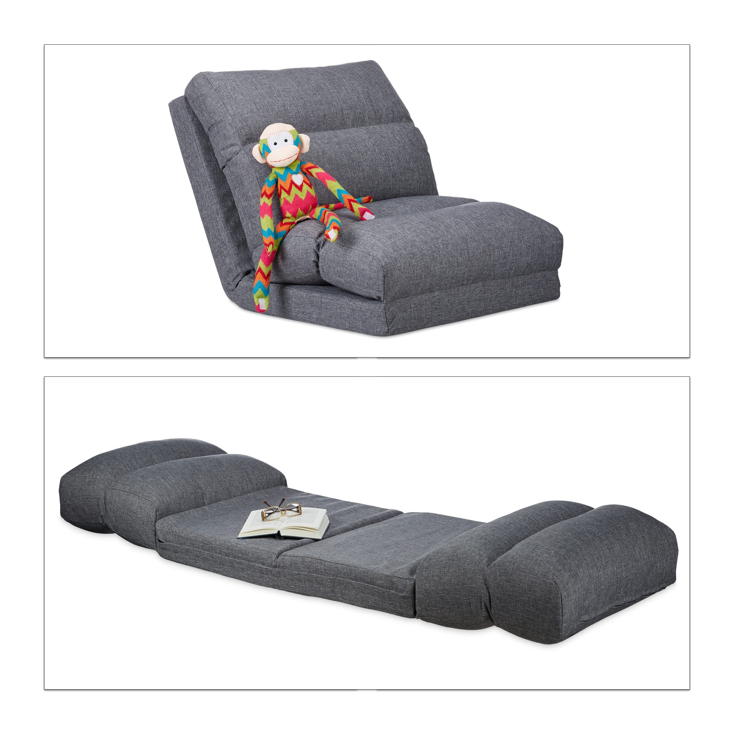 Relaxdays Silla Suelo, Lectura, Meditación, Sillón Cama, Colchón Plegable, Sillón Puff, Poliéster-DM, 194 cm, Gris