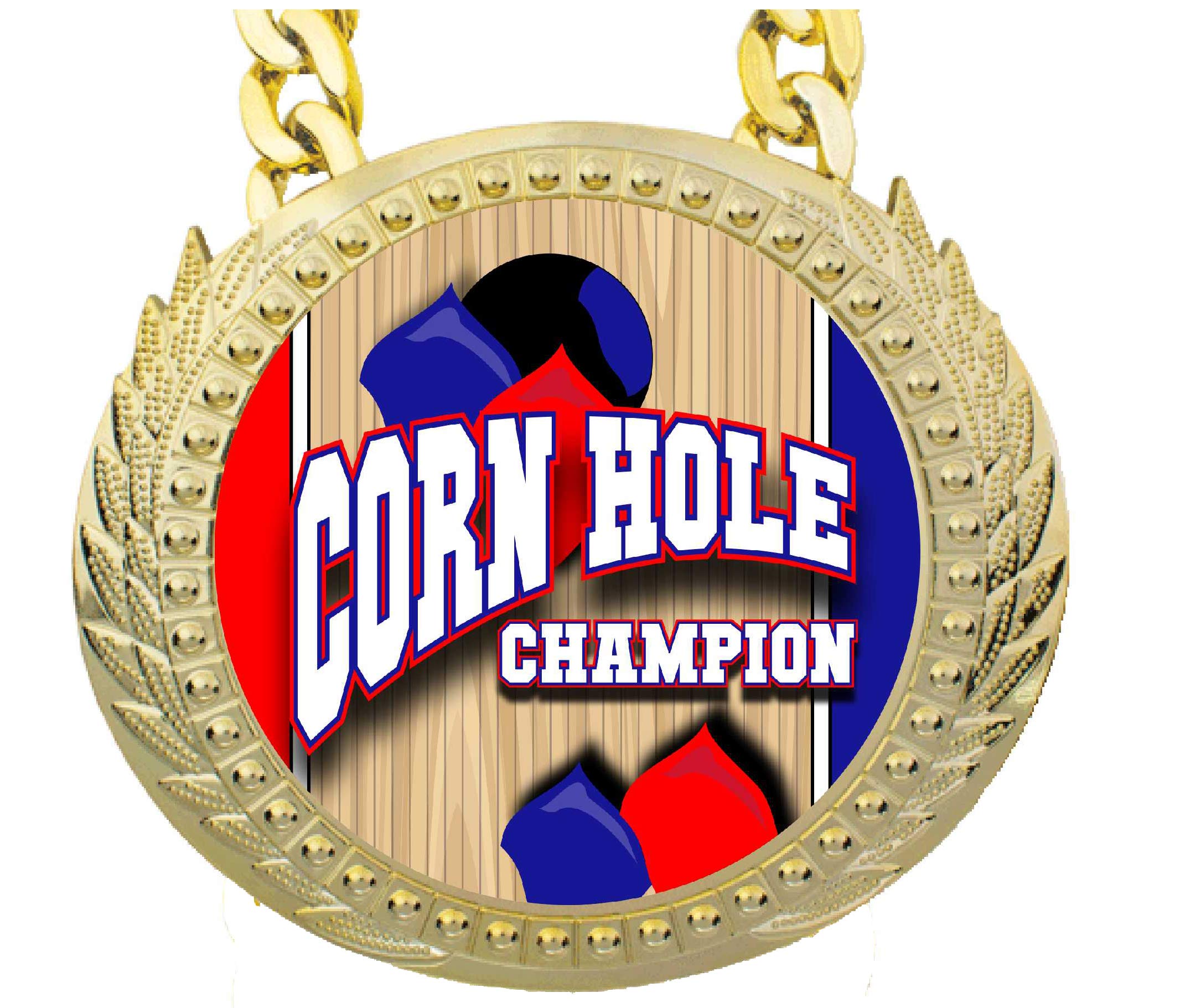 Express Medals Cornhole Bag Toss Championship Champ Chain Trophy Award mit einem Zentrum Plakette misst 15,2 x 13,3 cm und enthält eine 86,4 cm lange Kette mit schwarzem Samtbeutel.