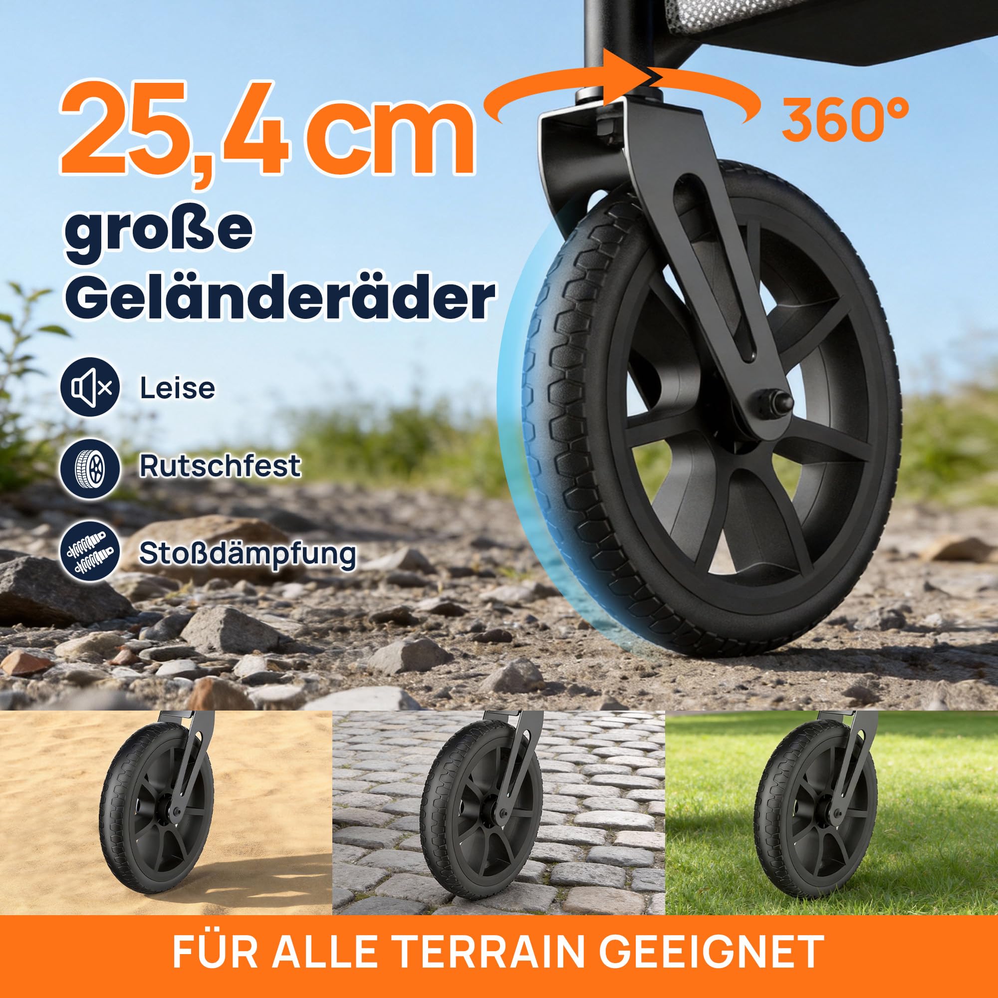 WALK MATE Rollator Faltbar und Leicht mit Sitz für Große Menschen bis 2m | Rollatoren Schmal für Wohnung,Höhenverstellbar,25cm Reifen und Versteckten Bremskabeln für Senioren,Drink Holder, Aluminium