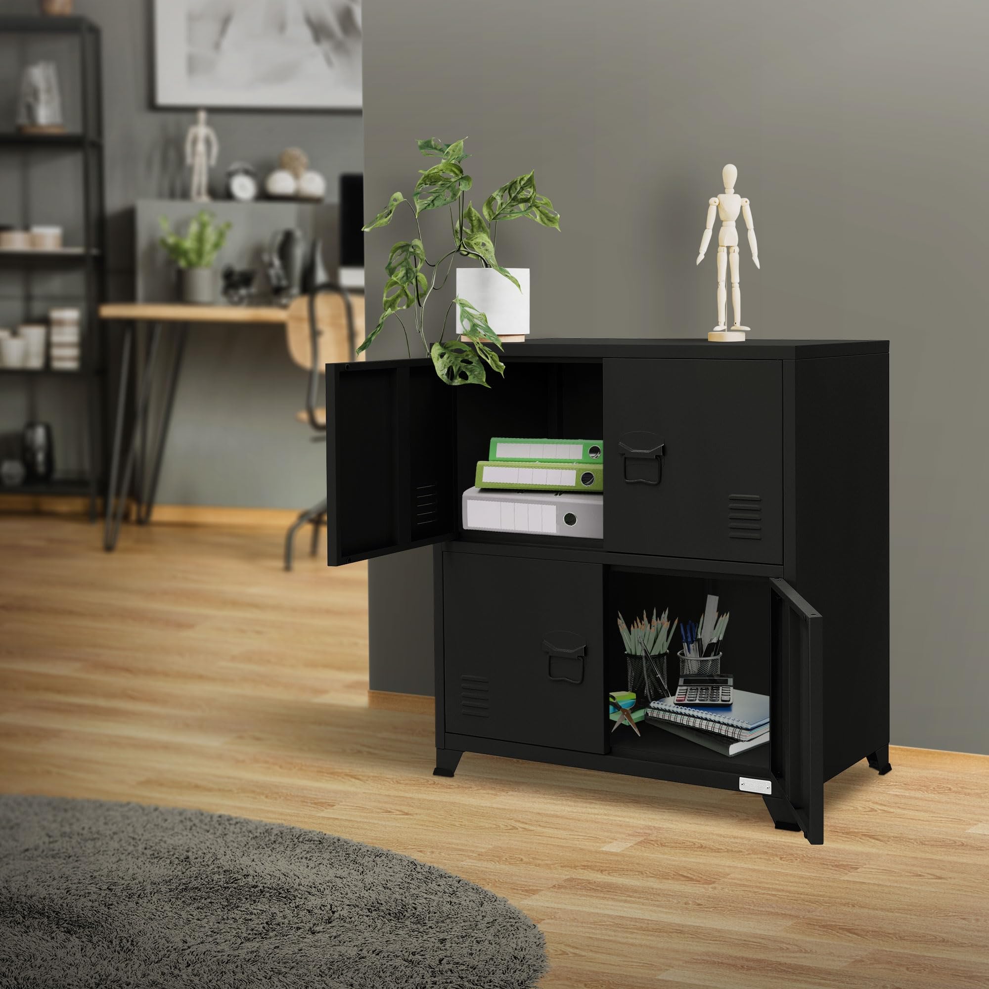 ML-Design Schedario da Ufficio 75x40x80,5 cm Nero Acciaio Mobile a 4 Gambe Armadietto in Metallo 4 Ante 2 Scomparti Interni Armadio Industriale Portadocumenti in Acciaio di Stoccaggio Portaoggetti