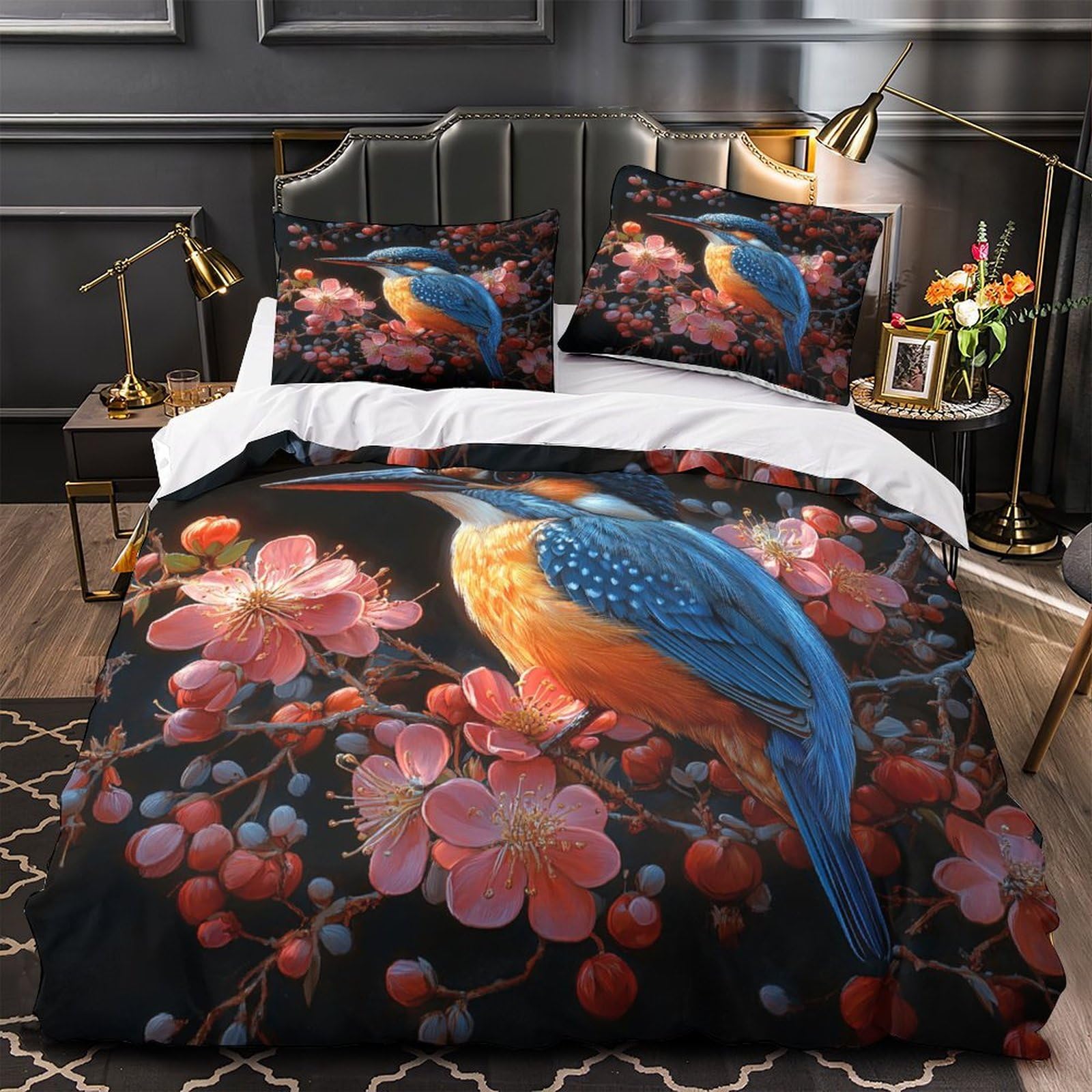 Housse de couette martin-pêcheur microfibre anti-décoloration pour lit simple