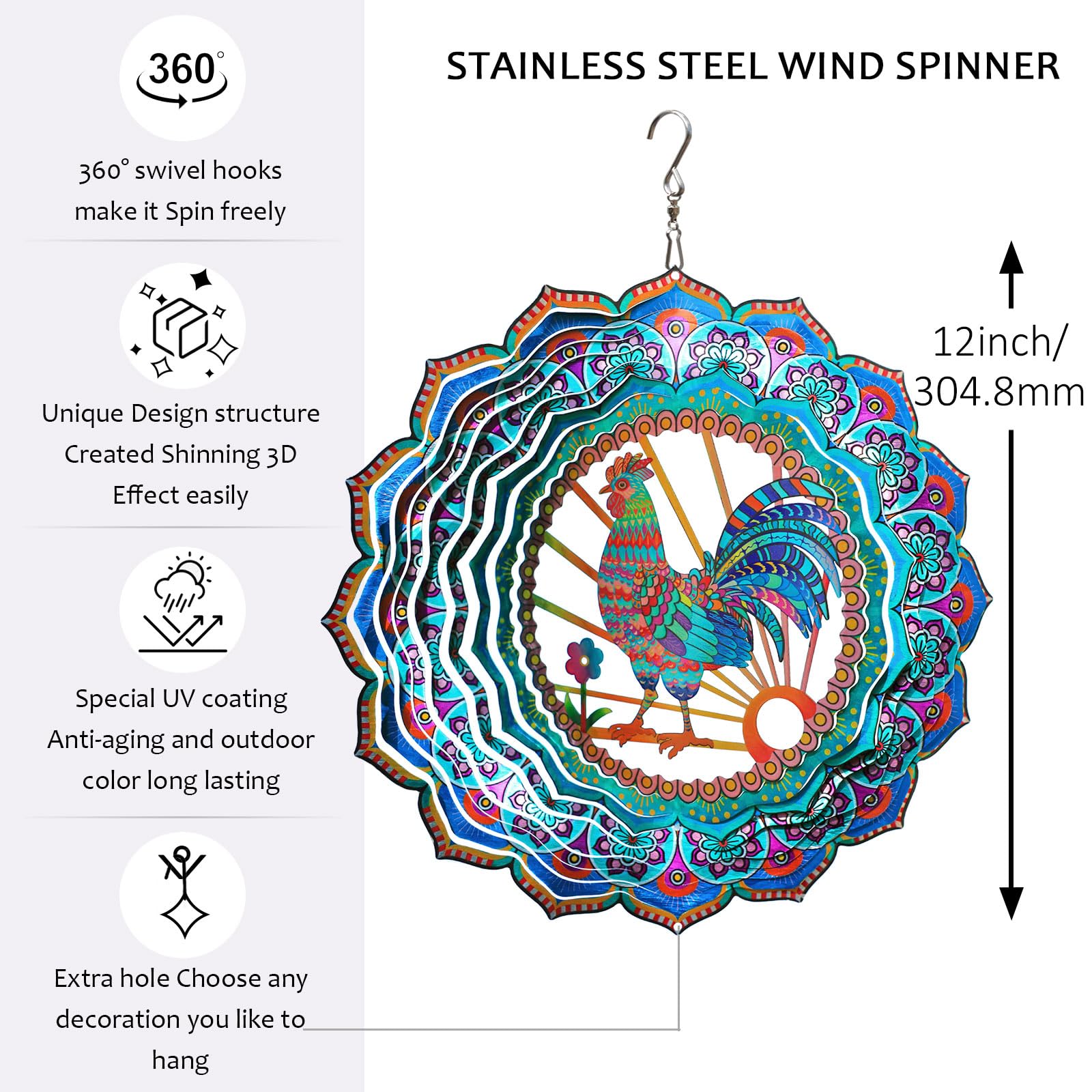 Aoedelyart Rooster Wind Spinner for Yard and Garden,12in Wind Spinners Outdoor Rooster Gifts,Chicken Gifts for Women Mother Grandma Wife Men Father,Garden Decor Metal Hanging Yard Art Wind Sculpture