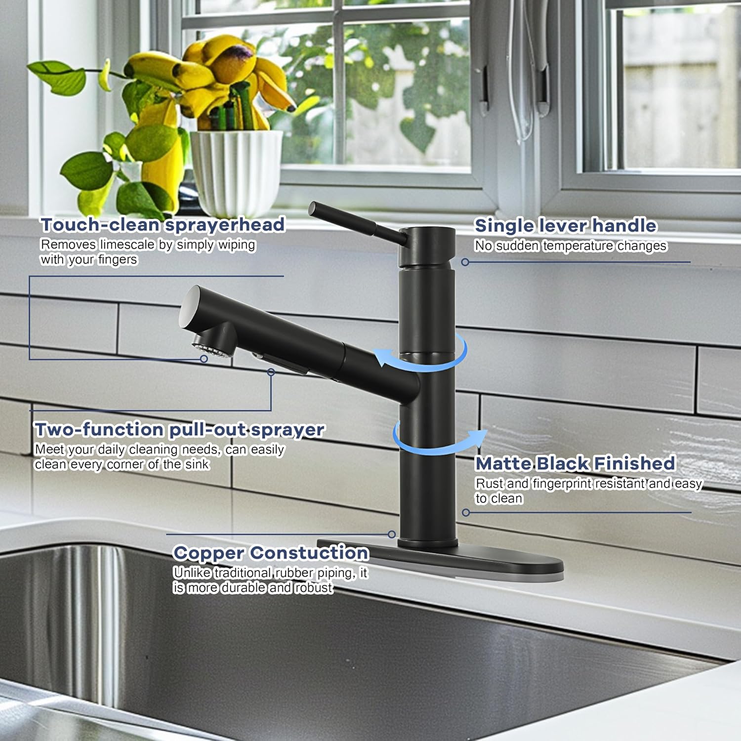 Black Kitchen Faucet with Sprayer, Black Kitchen Sink Faucet with Pull Down Sprayer, Modern Stainless Steel Bar Sink Faucet RV Kitchen Faucet with Deck Plate 2 Modes Spray Spot Resist