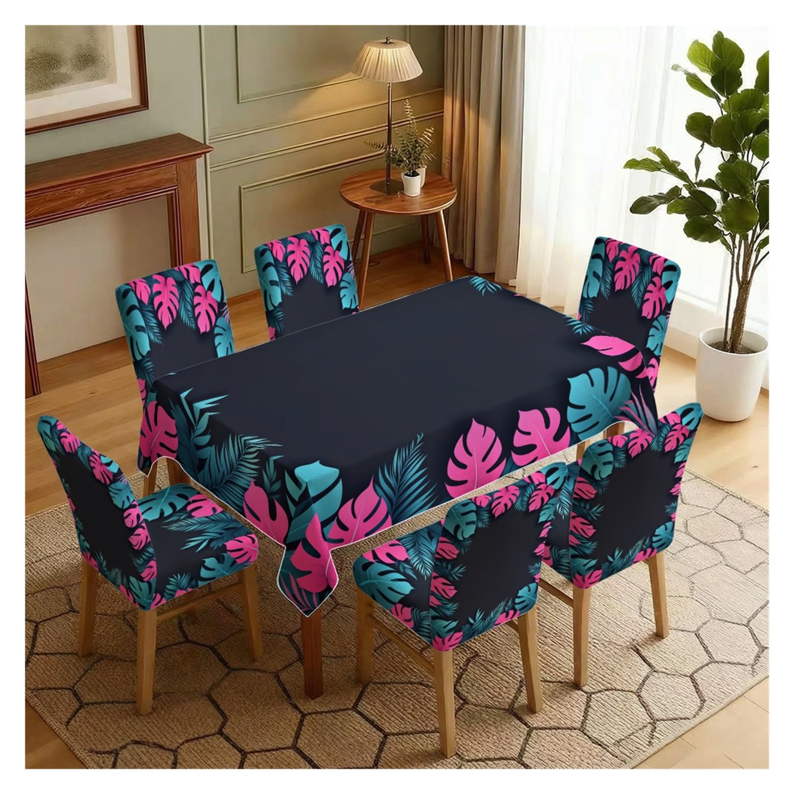 BOSUYBN Pink Teal Tropical Monstera Leaf Printed Dining Tablecloth & Chair Covers Set, 5/7 Piece Modern Exotic Botanical Dining Room Home Decor Table Setting(7pcs Set: Tablecloth+Chair Covers)