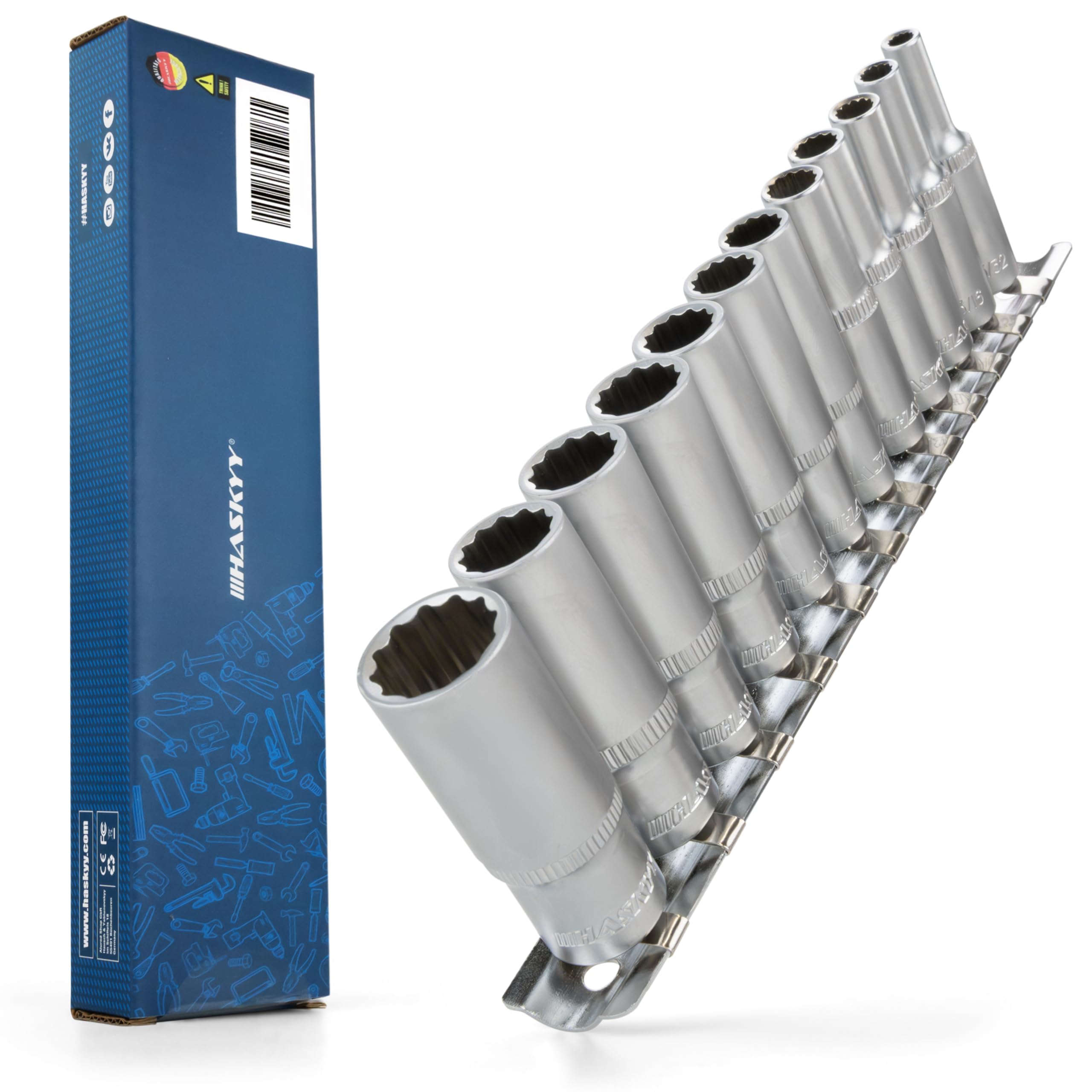 HASKYY Steckschlüsselsatz 12-tlg. 1/4 Zoll - Stecknüsse 5/32 Bis 9/16 Zoll Mit Metallhalterung
