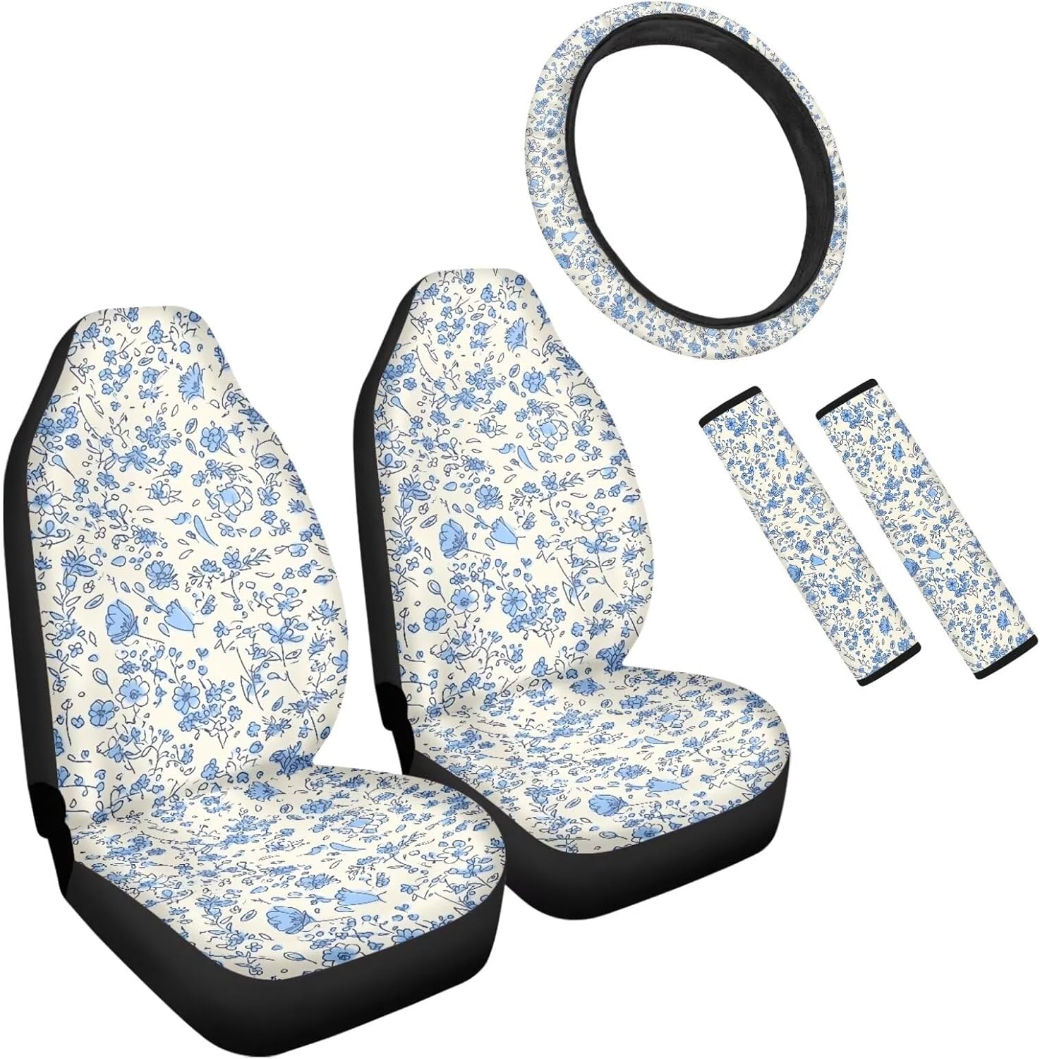 Cute Blue Leopard Print Universal Car Seat Covers of 5 Pcs Set Cartoon Animal Skin Steering Wheel Cover Front Seat Cover Universal Automotive Interior Covers