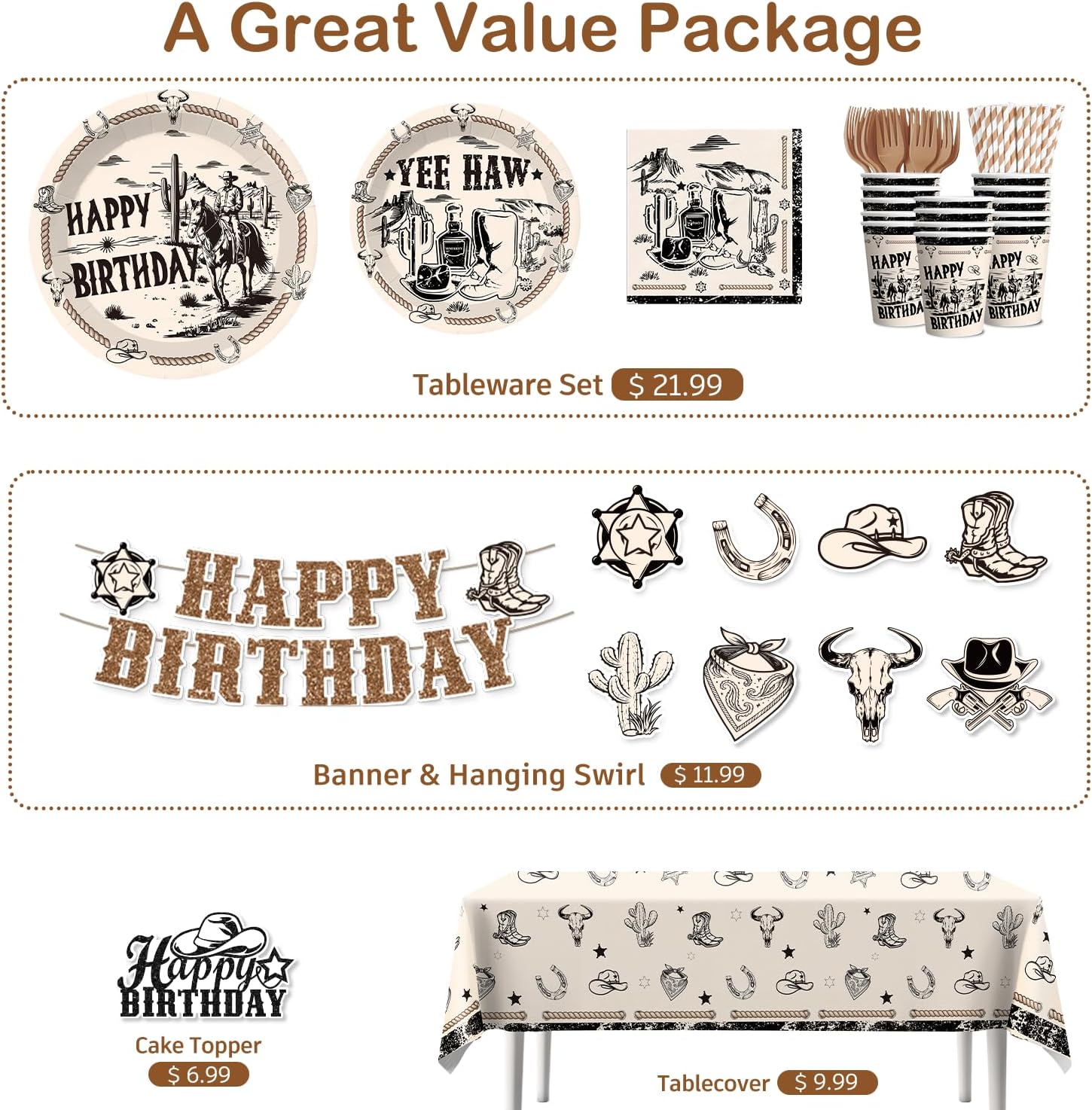 Xynic 205pcs Western Birthday Party Decorations Tableware Complete Party Set, Serves 25 Guests, Cowboy Birthday Party Decorations, includes Western-Theme Paper Banner Plates Napkins Cups Forks, etc - Image 3