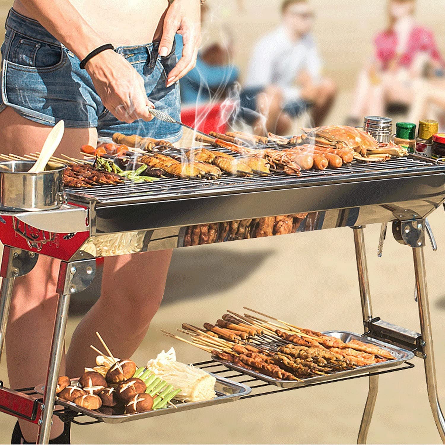 Holzkohlegrill, Barbecue Grill Edelstahl BBQ Smoker Barbecue Folding Portable für Kochen im Freien Camping Wandern Picknicks