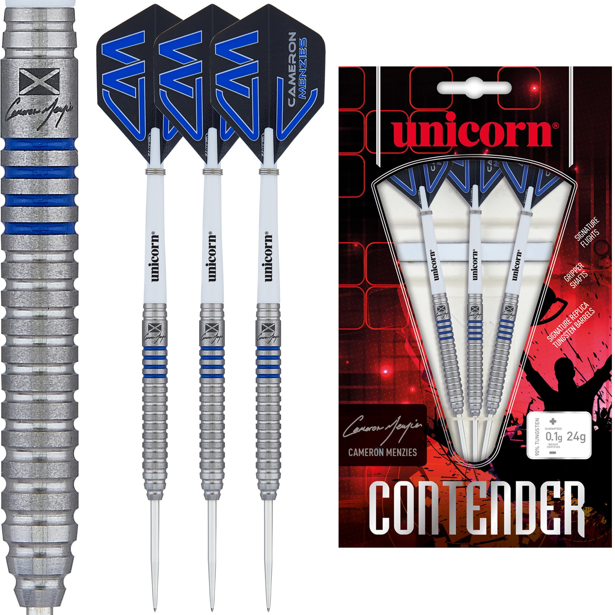 Unicorn | Cameron Menzies | Phase 2 | 90% Tungsten Barrels with Machined Grip Rings 4 Painted Scotland Blue | Steel Tip Darts Set | Cammy | Silver Points | 21g, 23g or 25g (25 g)