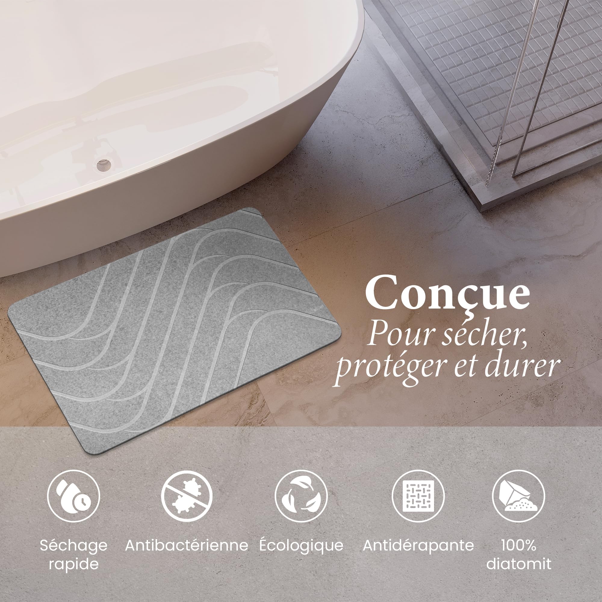 Tapis de Bain Diatomite 60×39 cm Antidérapant Absorbant Hygiénique Résistant aux Moisissures Séchage Rapide