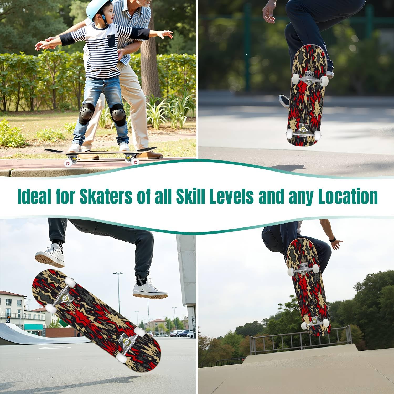 Skateboards Grunge Stars - Monopatín cóncavo clásico sin costuras para adolescentes, regalos para adolescentes, deportes extremos para principiantes y profesionales