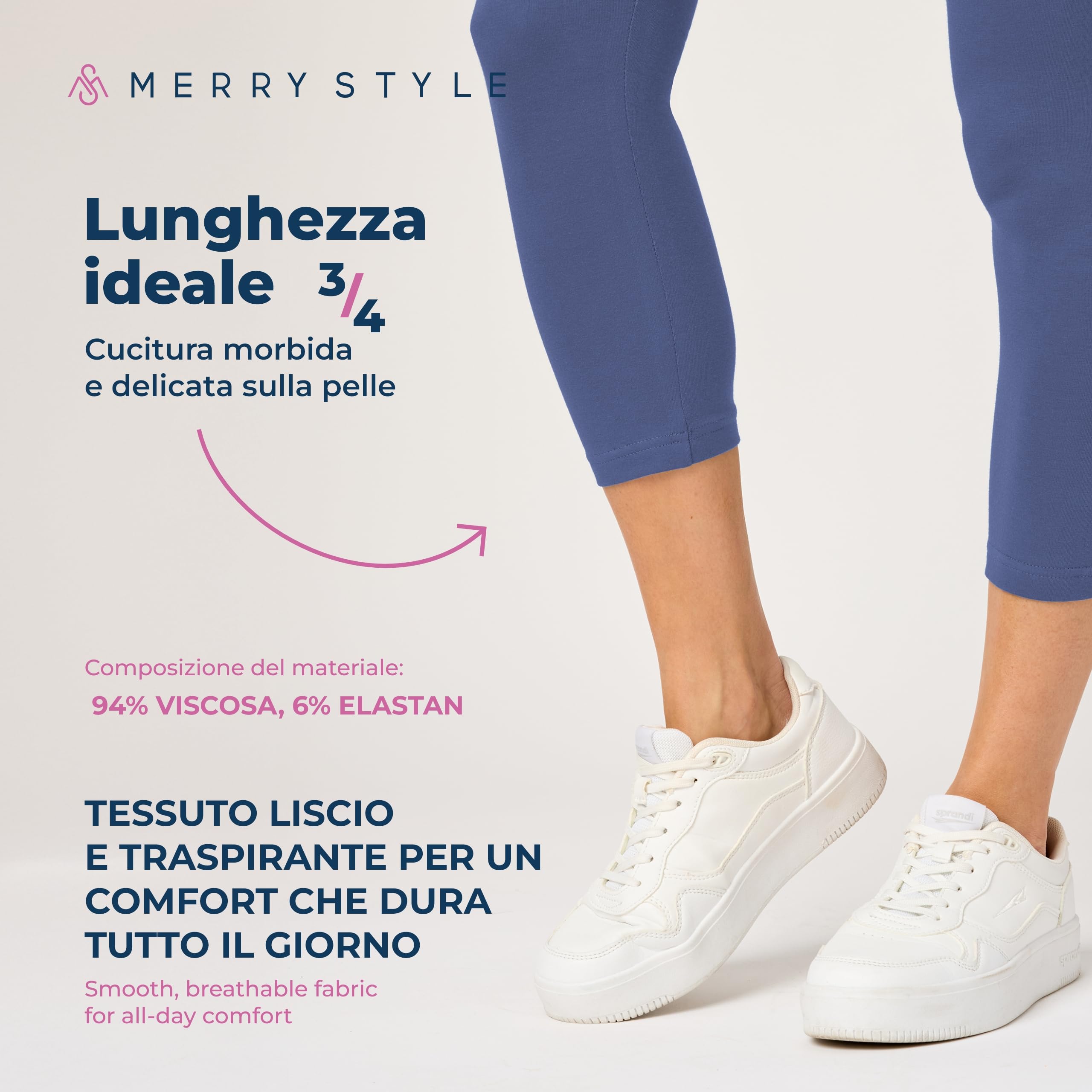 Merry Style Leggings Donna 3/4 Pantaloni Capri Morbidi e Confortevoli Leggins Donna in Cotone Traspirante Elastici e Delicati sulla Pelle Sensibile MS10-199