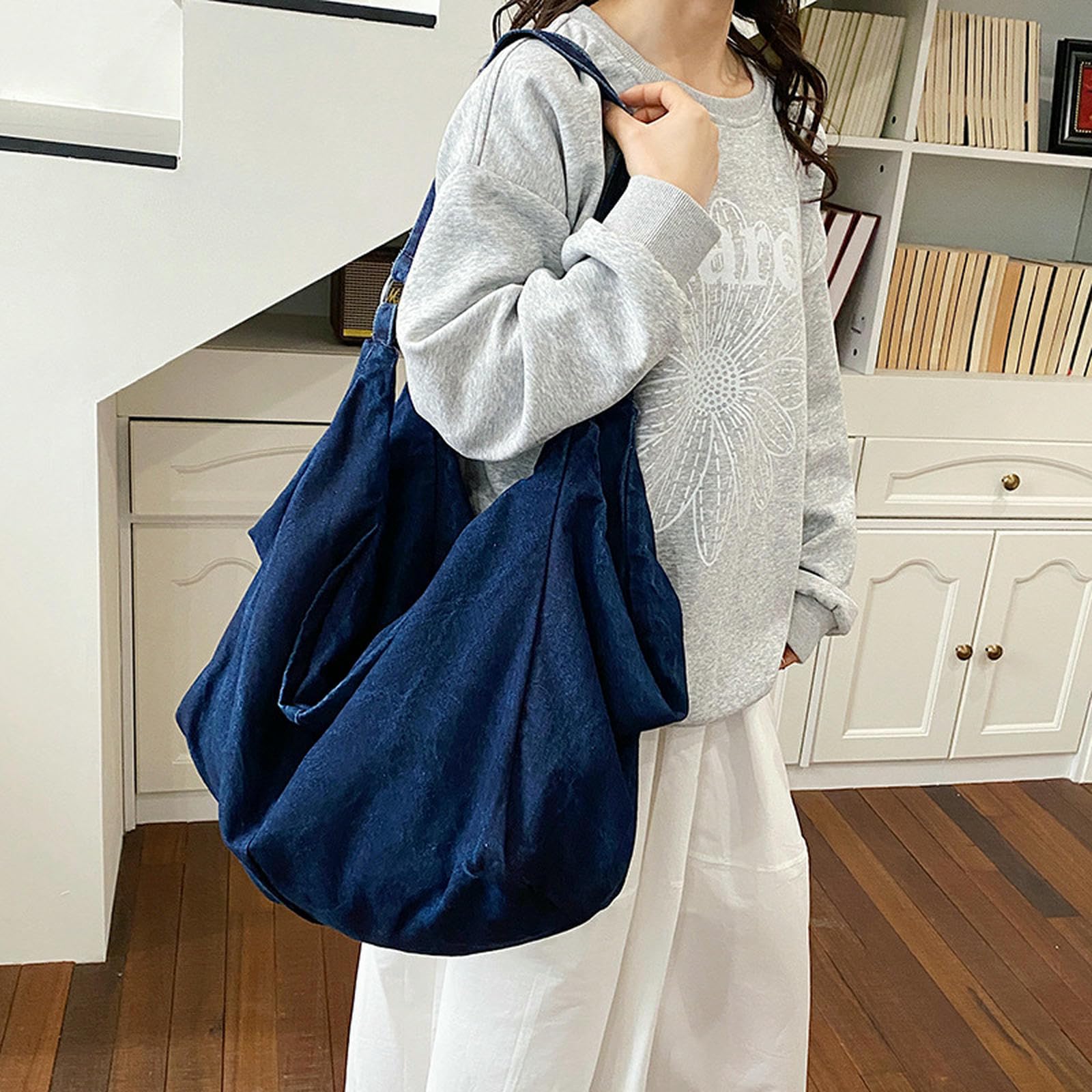 Borsa Donna in Denim per Ravioli retrò Moda Semplice Casual Pieghettata Studenti-Nero