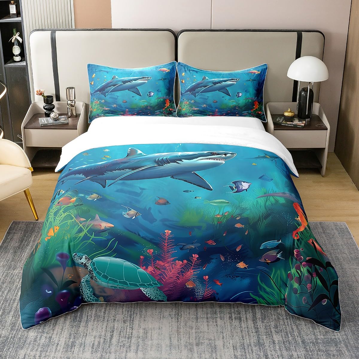 Lit enfant sans couette qui glisse grâce à la parure requin 3D coton zip