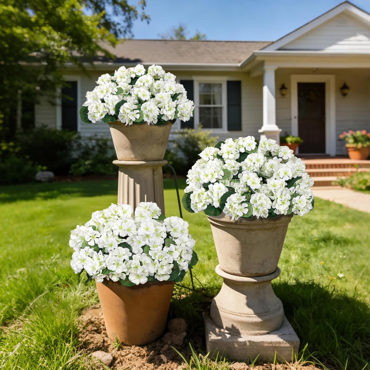 8 Pcs 17" Artificial Geranium Flowers for Outdoors, Fake Silk Flowers UV Resistant Realistic Faux Geranium Plants for Front Porch Door Garden Yard Window Planters Outside Home Decor, White