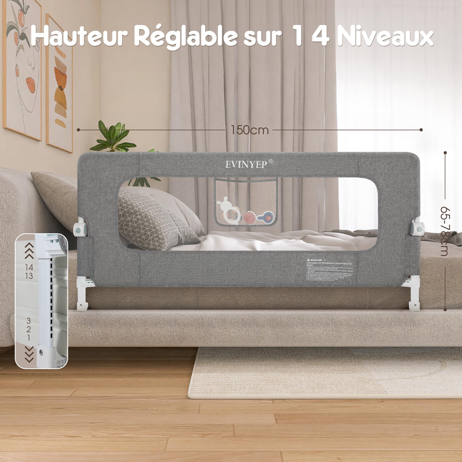 Barrière de Lit Enfant 150 cm Repliable, Cadre Large Anti-Collision pour Tous Types de Lits