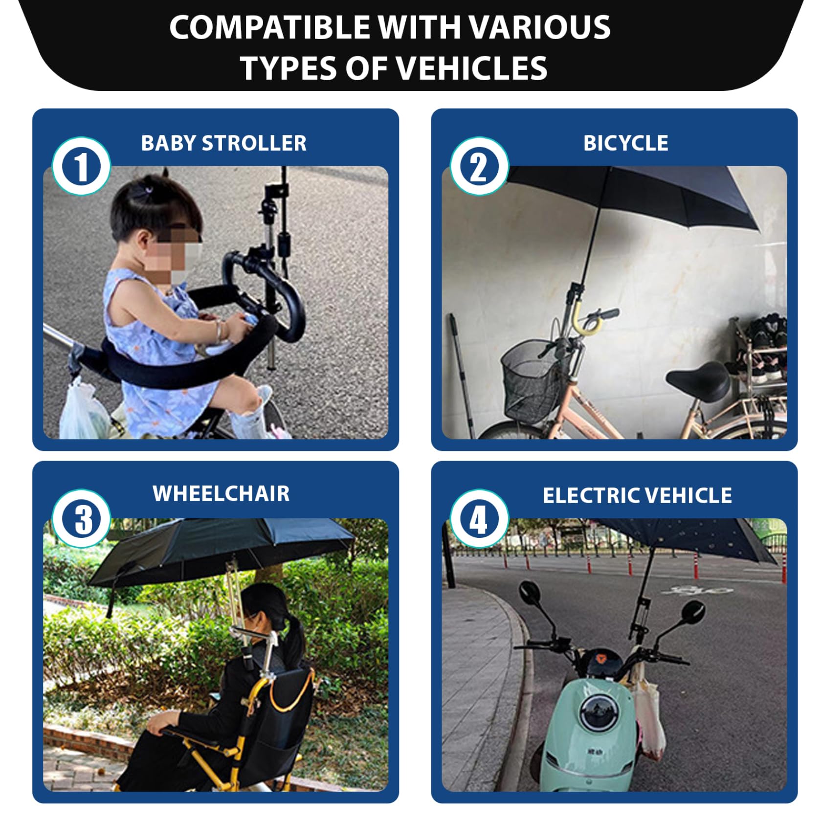 Paraguas para silla con abrazadera ajustable, protección contra la lluvia y los rayos UV, sombrilla para silla de ruedas, sombrilla extendida de doble cara 40, 9 para sillas de ruedas, cochecito, bici