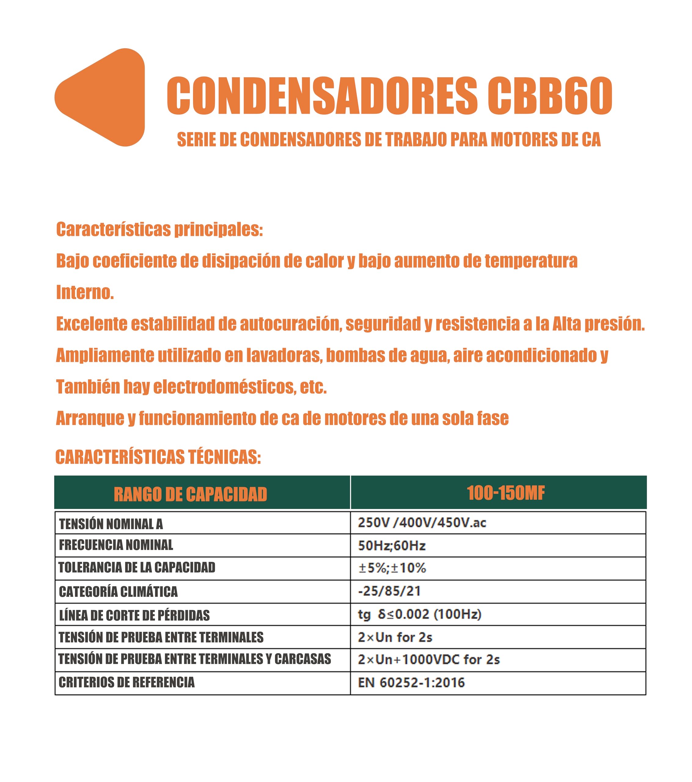 CBB60 20uF Motor Start Run Condensador MFD 450VAC 50/60Hz cilíndrico