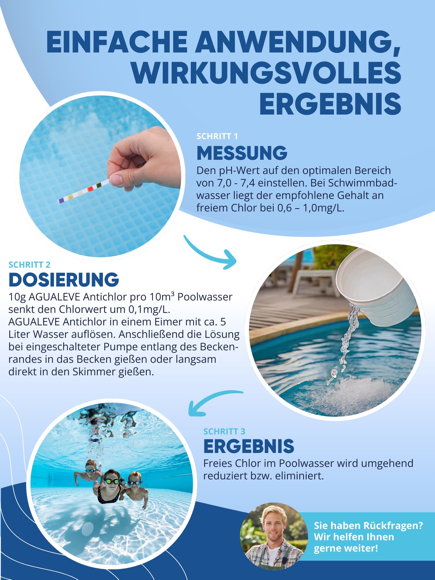 AGUALEVE® Antichlor 1kg | Reduziert BZW. eliminiert Chlor präzise und schnell | für Pools, Aufstellpools, Whirlpools jeder Art und Größe | Markenqualität Made in Germany | mit Note 1,2 getestet