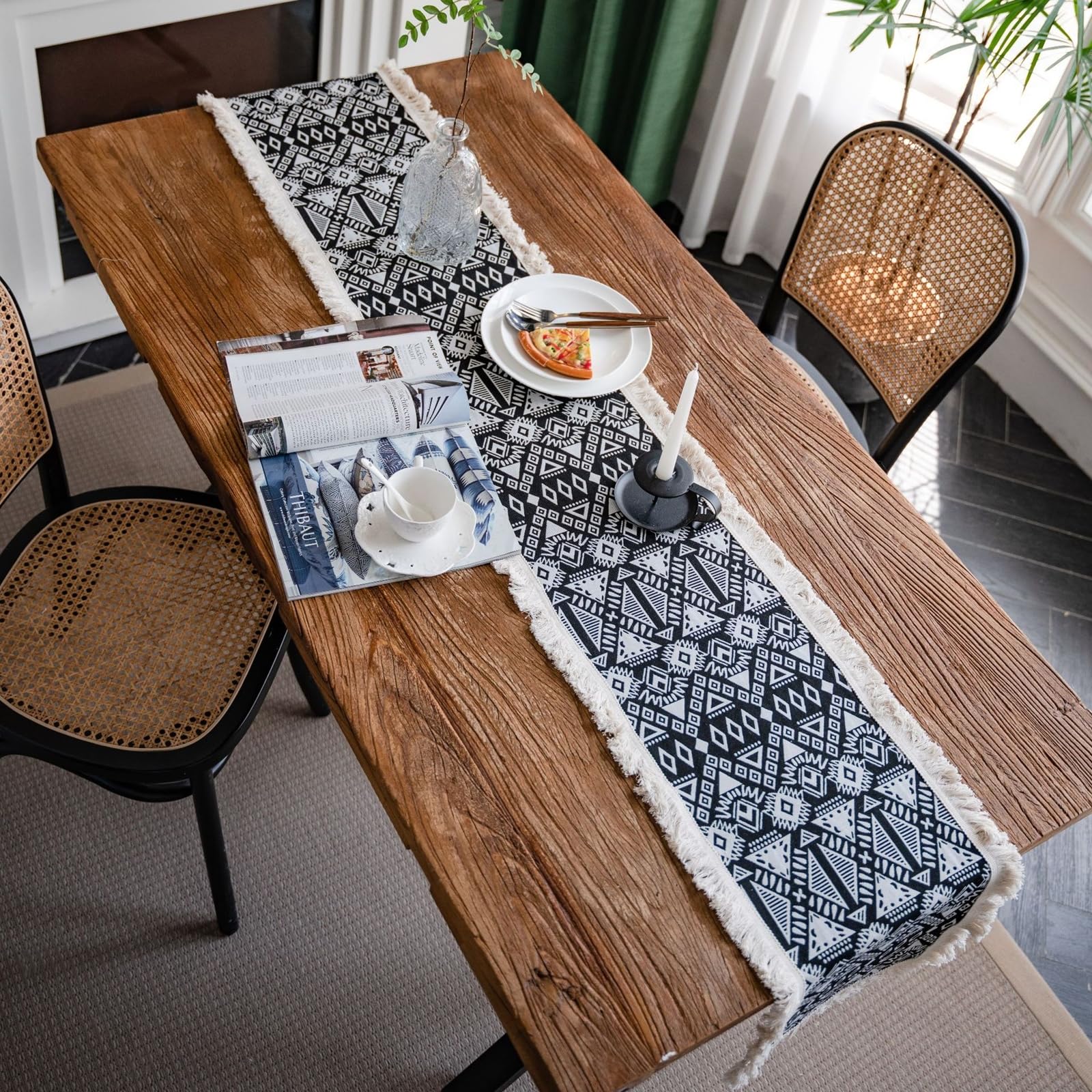 Runner da Tavolo Cotone Lino 30x240 cm, Runner da Tavola Moderno Lavabile Motivo Geometrico A Rombo Jacquard con Nappe Decorazioni per Sala da Pranzo Feste, Nero