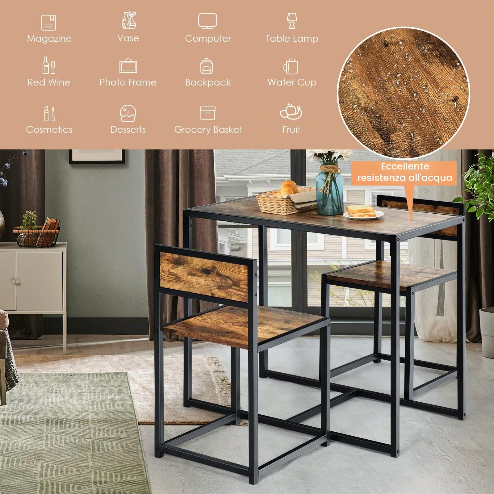GIANTEX Set di Tavolo da Bar da 3 Pezzi, Set 3 Pezzi con 2 Sedie e Tavolo, Piccolo Tavolo da Cucina per 2 Persone, Tavolo da Bistrò, 3 Colori