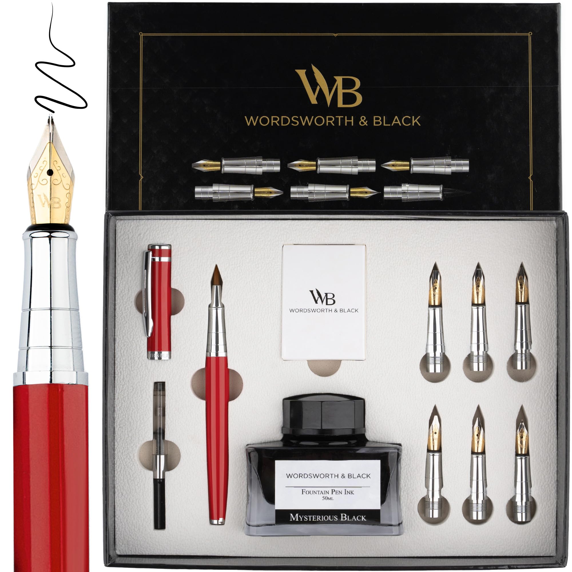 Wordsworth & Black Calligraphy Pen Set de regalo, incluye botella de tinta, 6 cartuchos de tinta, convertidor de recarga, 6 puntas de repuesto, paquete premium, diario [Cromo Rojo]