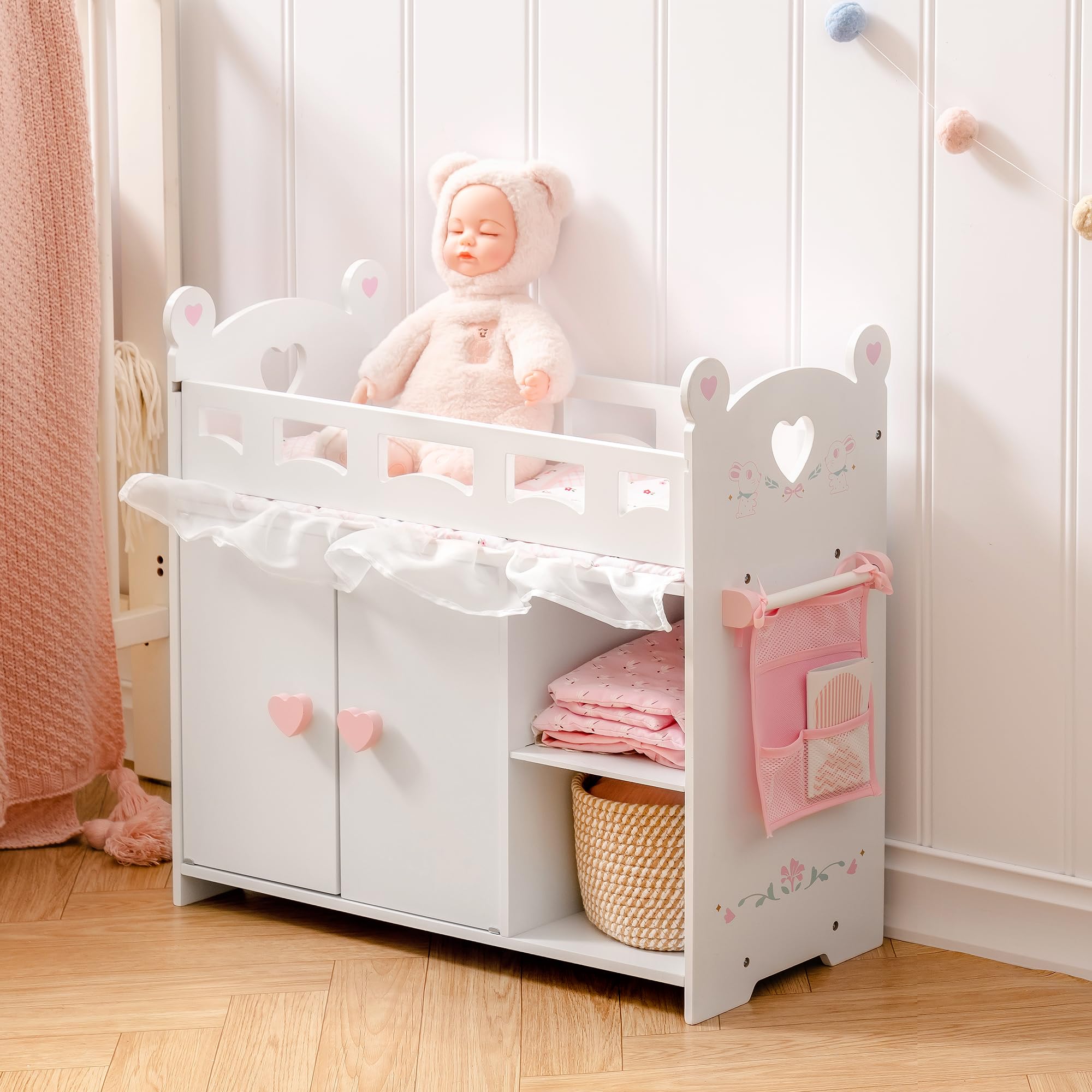 ROBUD Baby Doll Crib, Wooden Doll Bed, Baby Crib Toy with Storage, Bedding, Storage Bag and 3 Hooks, 18-21 inch Doll Accessories, American Girl Doll Furniture Ages 3+ (White)