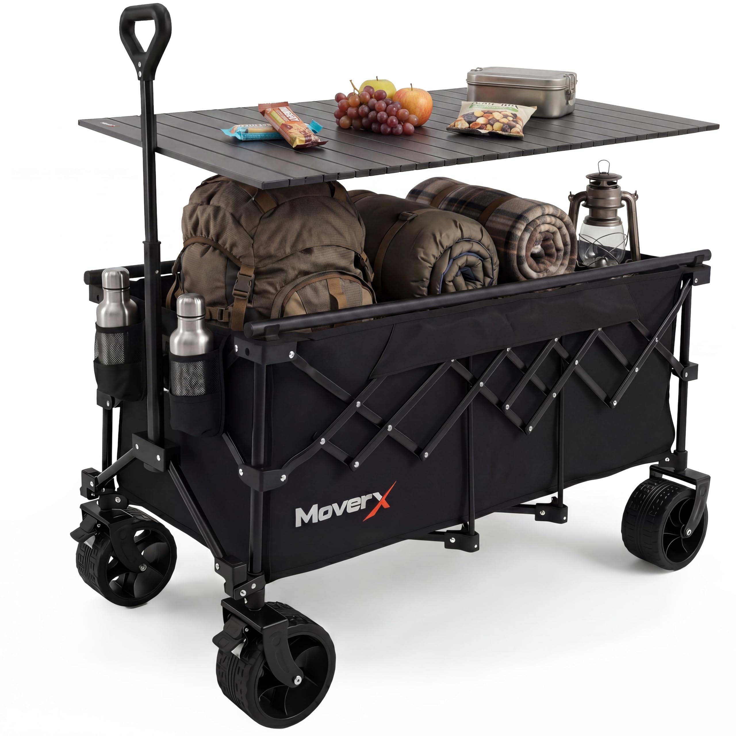 MoverX 300L Camping Trolley on Wheels, Table Folding Wagon, Portable Camping Cart, Foldable Trolly for Festival Beach Outdoor Garden Picnic Shopping Fishing, Wide Wheels, Adjustable Handle, Black