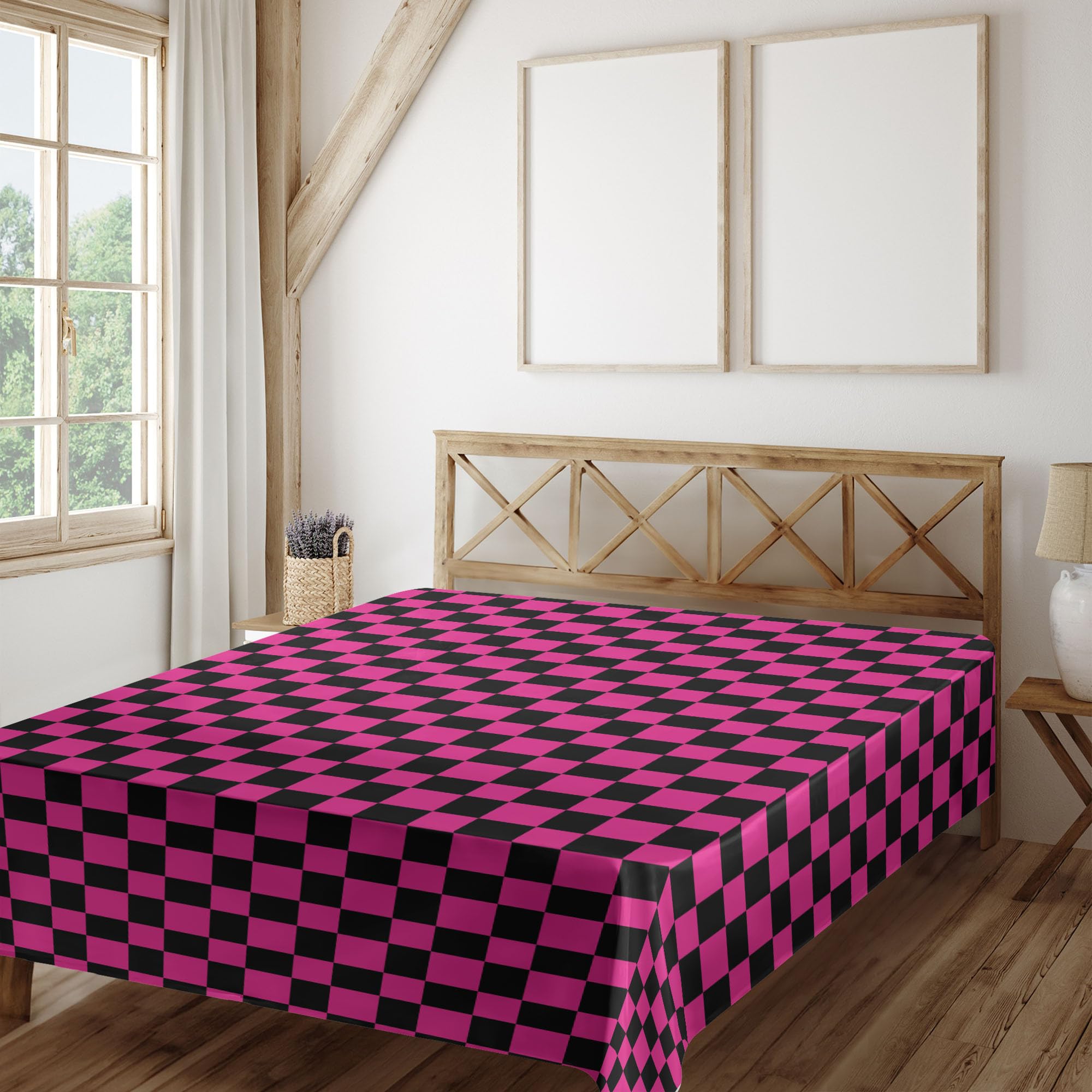 Ambesonne Hot Pink Flat Sheet, Old Fashioned Gingham Checks in Vibrant Colors Modern Display Geometric Simple, Soft Comfortable Top Sheet Decorative Bedding 1 Piece, Queen Size, Magenta Black