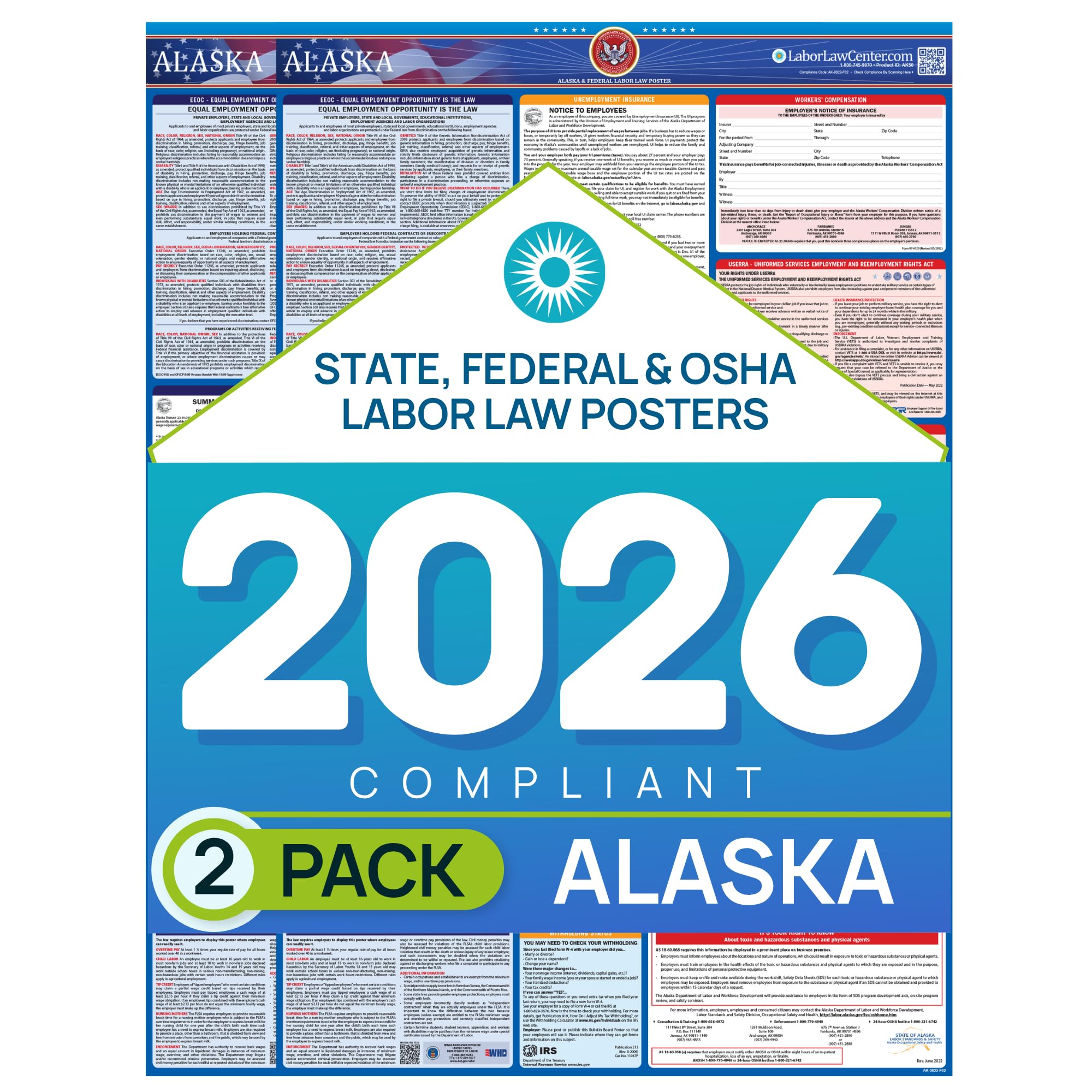 Labor Law Posters Alaska 2026, 2-Pack, State, Federal Workplace Notices
