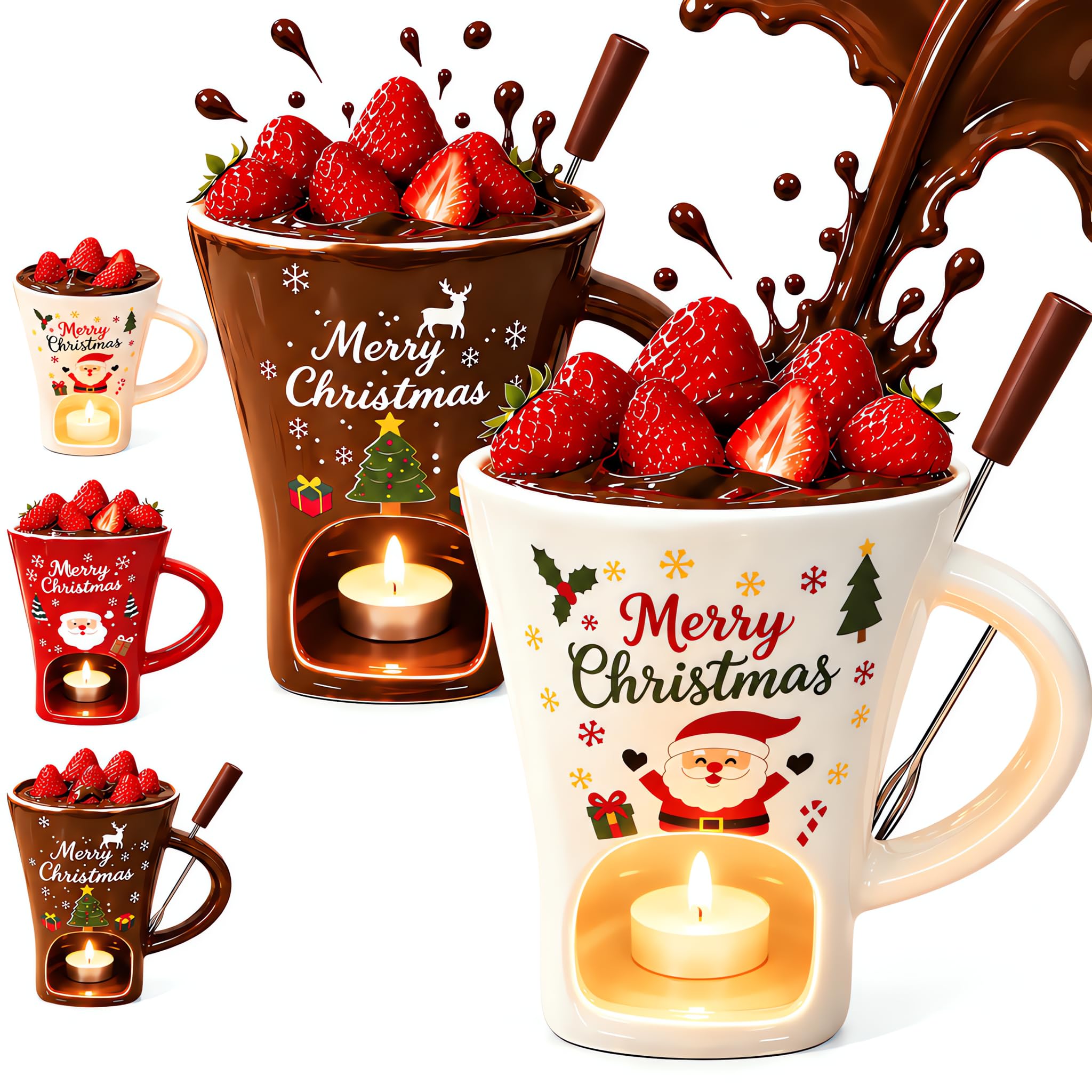Christmas Ceramic Chocolate Fondue Mug with Fork, Ceramic Melting Cup (E+F) — image 1